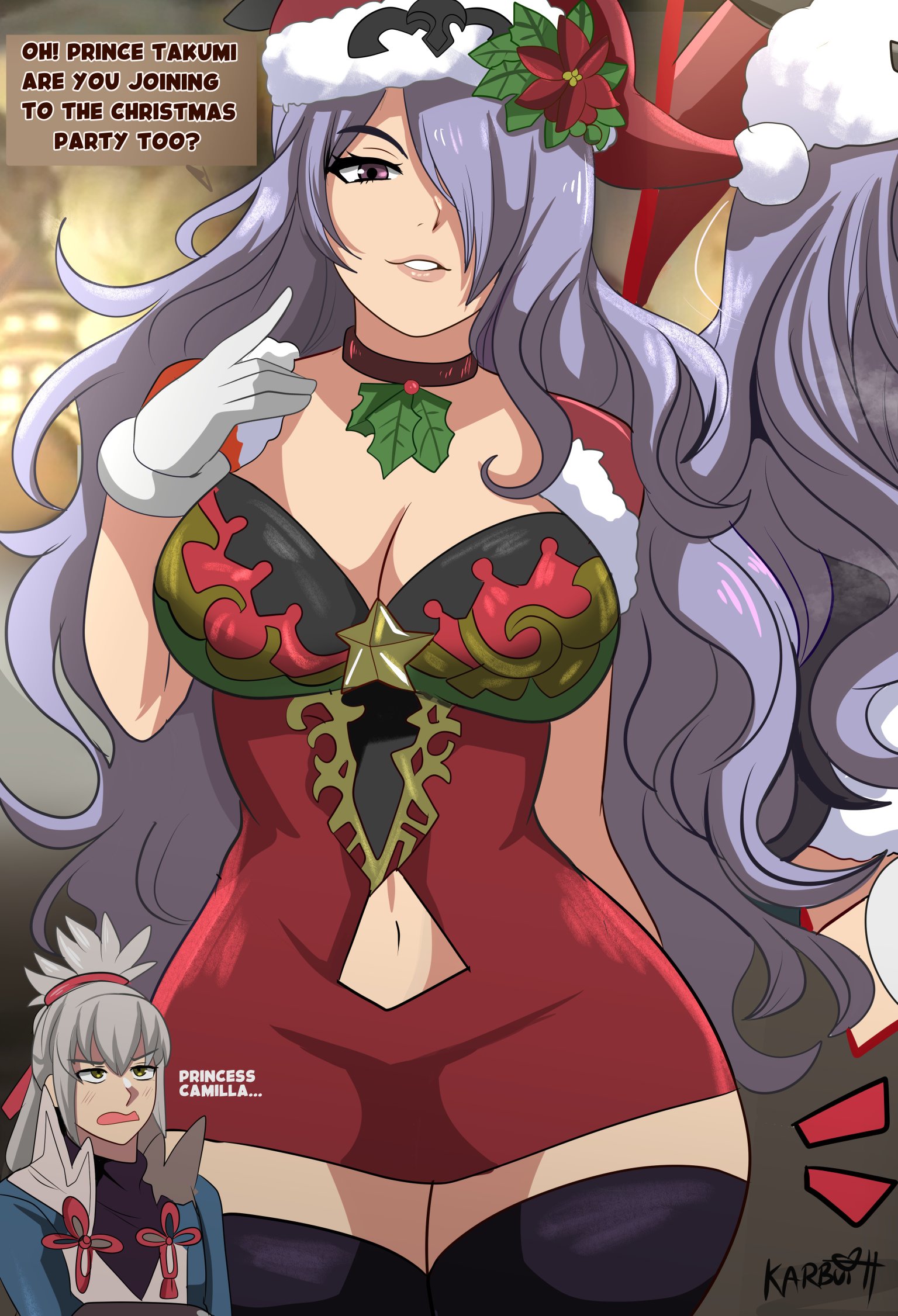 karbuitt, camilla (fire emblem), takumi (fire emblem), fire emblem, fire emblem fates, nintendo, commentary, english commentary, highres, 1boy, 1girl, artist name, breasts, choker, cleavage, clothing cutout, double-parted bangs, english text, green eyes, grey hair, hair between eyes, hair over one eye, hat, japanese clothes, large breasts, long hair, navel, navel cutout, parted bangs, ponytail, purple eyes, purple hair, santa hat, signature, speech bubble, upper body, wavy hair