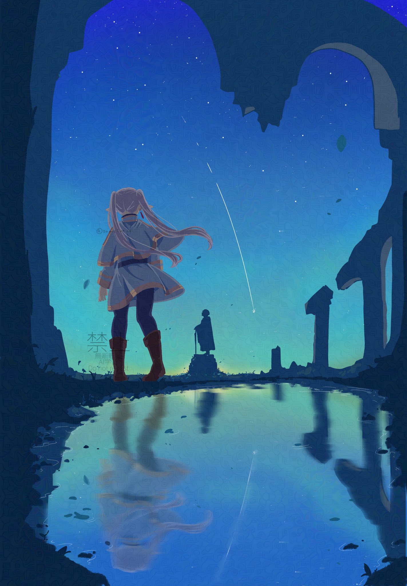 frieren, himmel (sousou no frieren), sousou no frieren, highres, 1girl, belt, black belt, black pantyhose, boots, brown boots, capelet, earrings, elf, facing away, from behind, gold trim, grey hair, jacket, jewelry, long hair, looking at another, night, night sky, pantyhose, pointy ears, ruins, skirt, sky, solo, somei2929, star (sky), starry sky, statue, twintails, twitter username, white capelet, white jacket, white skirt