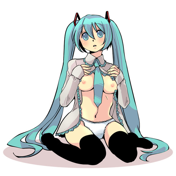 windbard, hatsune miku, vocaloid, bad id, bad pixiv id, 1girl, aqua eyes, aqua hair, breasts, female focus, large breasts, long hair, necktie, nipples, open clothes, open shirt, panties, shirt, sitting, solo, thighhighs, twintails, underwear, very long hair, wariza, white background