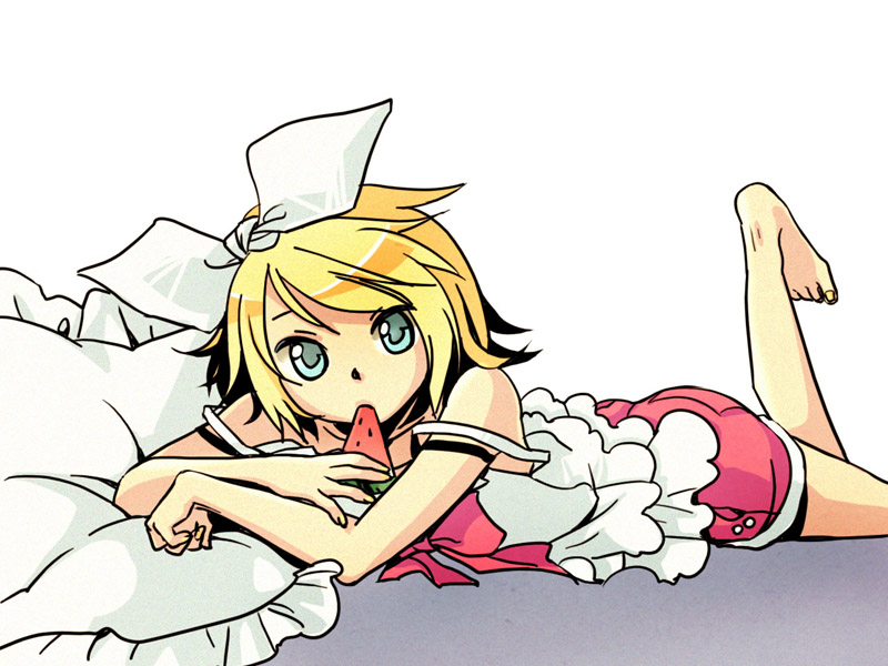 windbard, kagamine rin, vocaloid, bad id, bad pixiv id, 1girl, aqua eyes, barefoot, blonde hair, casual, female focus, food, hair ribbon, lying, on stomach, pillow, popsicle, ribbon, short hair, shorts, smile, solo, watermelon bar, white background