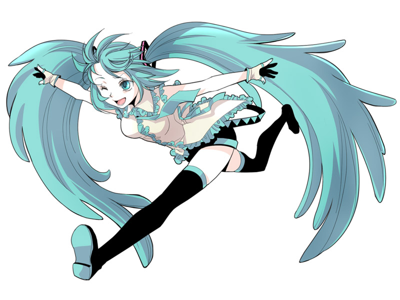 windbard, hatsune miku, vocaloid, bad id, bad pixiv id, 1girl, aqua eyes, aqua hair, female focus, fingerless gloves, full body, gloves, long hair, necktie, one eye closed, running, simple background, skirt, smile, solo, thighhighs, twintails, very long hair, white background, wink, zettai ryouiki