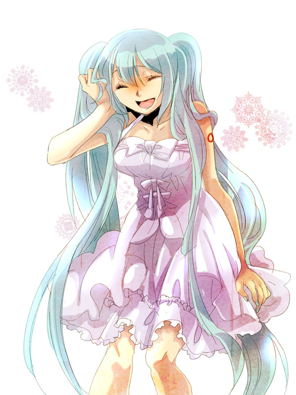 windbard, hatsune miku, vocaloid, bad id, bad pixiv id, 1girl, aqua hair, breasts, closed eyes, dress, female focus, long hair, smile, solo, twintails, very long hair, white background, white dress