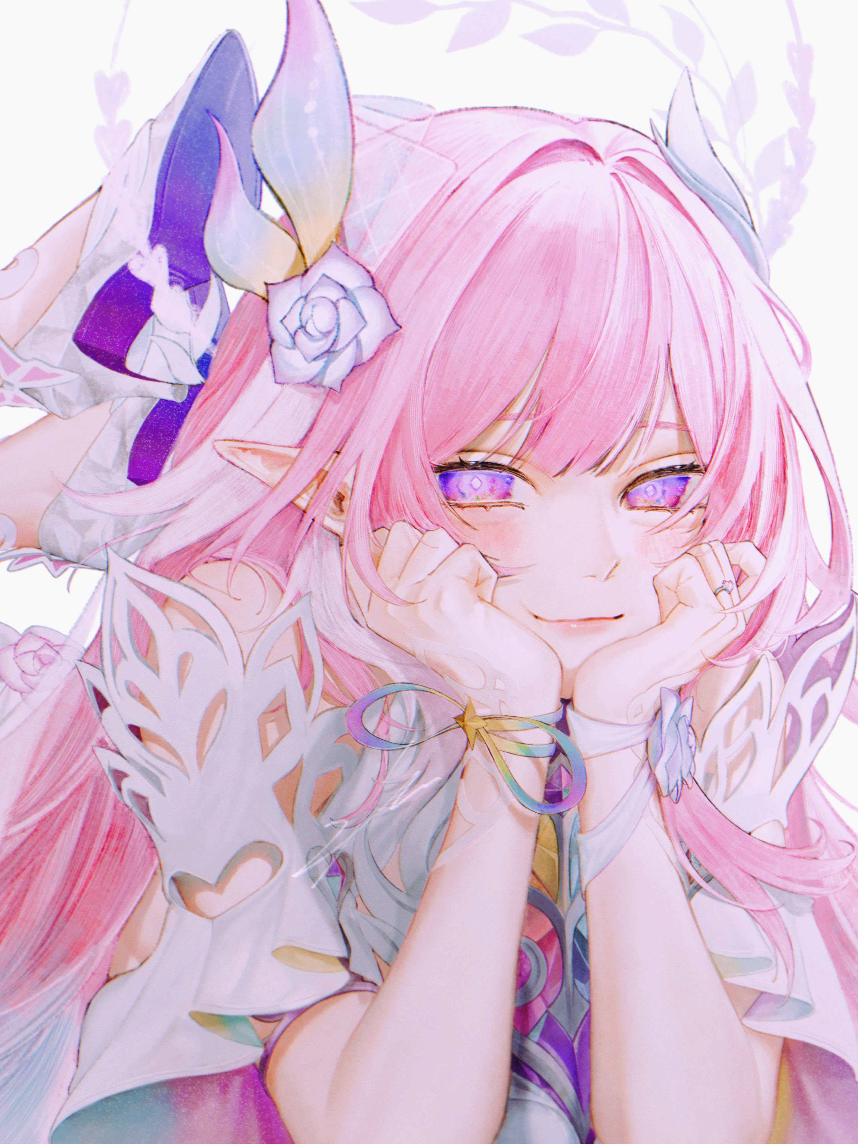 ieririr, cyrene (honkai: star rail), honkai: star rail, honkai (series), absurdres, hashtag-only commentary, highres, revision, 1girl, cyrene (demiurge) (honkai: star rail), diamond-shaped pupils, diamond (shape), dress, flower, hair flower, hair ornament, halo, long hair, looking at viewer, multicolored hair, pink hair, purple eyes, smile, solo, symbol-shaped pupils, two-tone hair, very long hair, white background, white dress, white hair