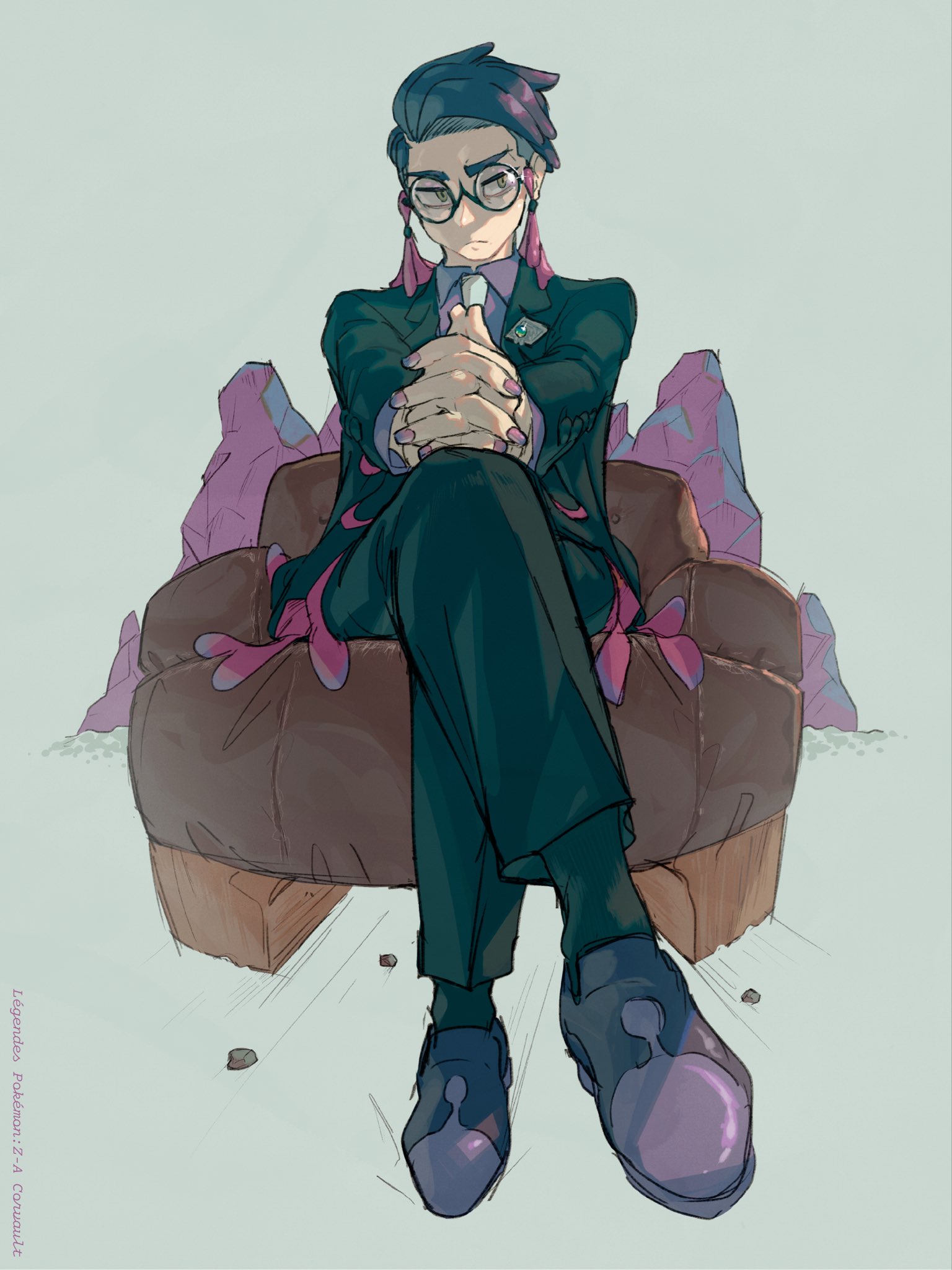 mumumi, corbeau (pokemon), nintendo, pokemon, pokemon legends: z-a, highres, 1boy, black-framed eyewear, black hair, black jacket, black pants, black socks, chair, closed mouth, collared shirt, crossed legs, eyewear strap, glasses, jacket, long sleeves, male focus, mega stone, necktie, open clothes, open jacket, pants, parted hair, purple hair, purple shirt, round eyewear, shirt, shoes, short hair, short sideburns, sitting, socks, solo, undercut, white necktie, yellow eyes