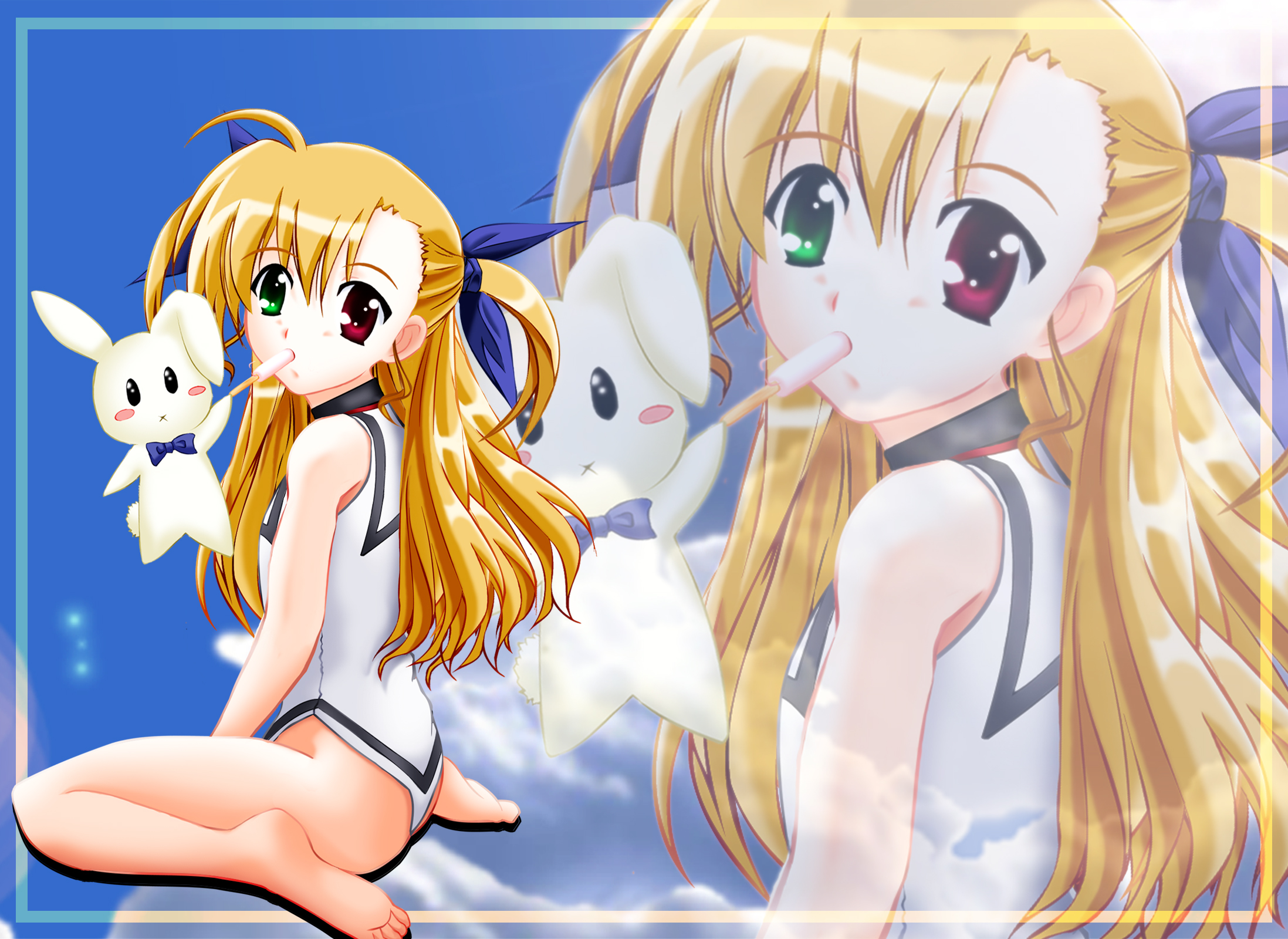 blackjunk, sacred heart, vivio, lyrical nanoha, mahou shoujo lyrical nanoha, mahou shoujo lyrical nanoha strikers, mahou shoujo lyrical nanoha vivid, highres, 00s, 10s, 1girl, barefoot, blonde hair, food, hair ribbon, heterochromia, ice cream, mouth hold, one-piece swimsuit, popsicle, ribbon, sitting, swimsuit, twintails, wariza, zoom layer