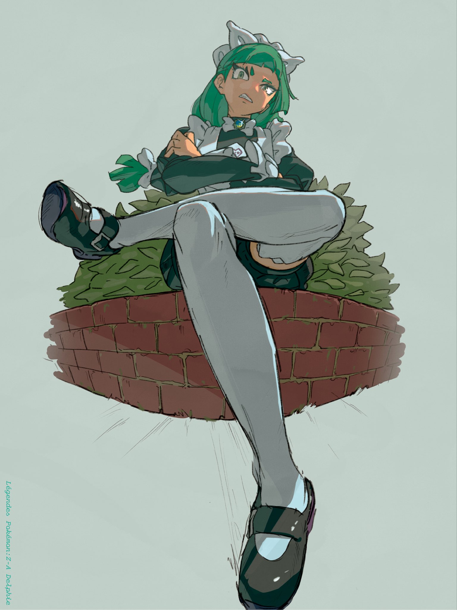 mumumi, lebanne (pokemon), nintendo, pokemon, pokemon legends: z-a, highres, 1girl, apron, black romper, blunt bangs, bow, bowtie, braid, braided ponytail, brick wall, brown eyes, crossed arms, crossed legs, green hair, juliet sleeves, long braid, long hair, long sleeves, maid, maid apron, maid headdress, mega stone, parted lips, puffy sleeves, romper, shoes, sitting, solo, thighhighs, tsurime, white bow, white bowtie, white thighhighs