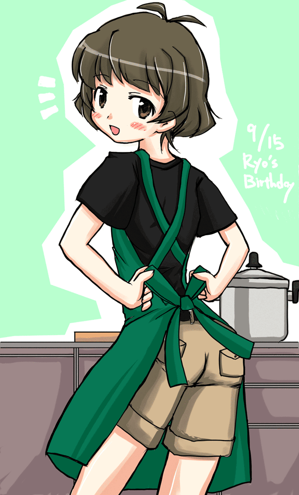 naganeko, akizuki ryo, idolmaster, idolmaster dearly stars, pot, 00s, 1boy, antenna hair, apron, blush, brown eyes, brown hair, cooking, looking back, male focus, open mouth, short hair, smile, solo, trap