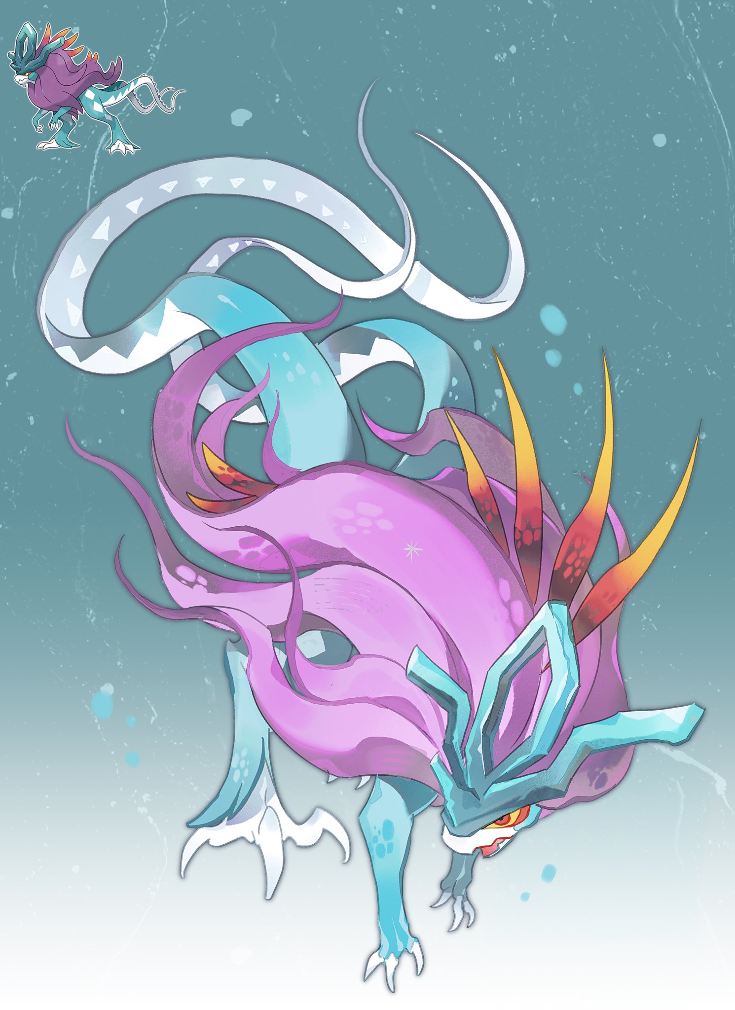 bairizuomeng, walking wake, nintendo, pokemon, highres, animal focus, claws, colored sclera, full body, mane, multiple tails, no humans, official art inset, open mouth, pokemon (creature), pokemon focus, purple hair, red eyes, tail, two tails, yellow eyes, yellow sclera