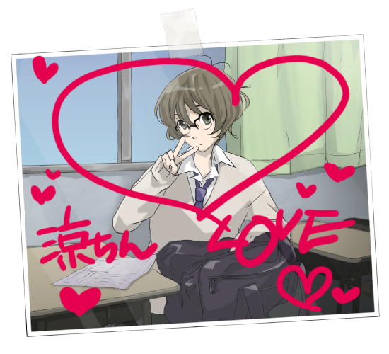 ekonomikku, akizuki ryo, idolmaster, idolmaster dearly stars, gender request, 00s, androgynous, antenna hair, bag, brown eyes, brown hair, desk, glasses, male focus, necktie, photo (object), school uniform, short hair, signature, solo, sweater, tape, v