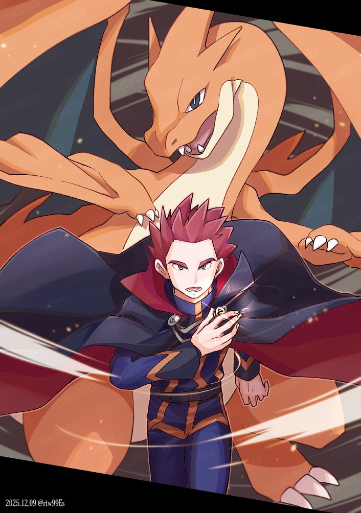 ratowa, charizard, lance (pokemon), mega charizard y, nintendo, pokemon, pokemon hgss, 1boy, black cape, blue pants, blue shirt, cape, cape clasp, claws, dragon, fangs, gen 1 pokemon, grey eyes, long sleeves, looking at viewer, mega pokemon, mega stone, open mouth, pants, pokemon (creature), popped collar, red hair, sharp teeth, shirt, short hair, spiked hair, teeth, wings