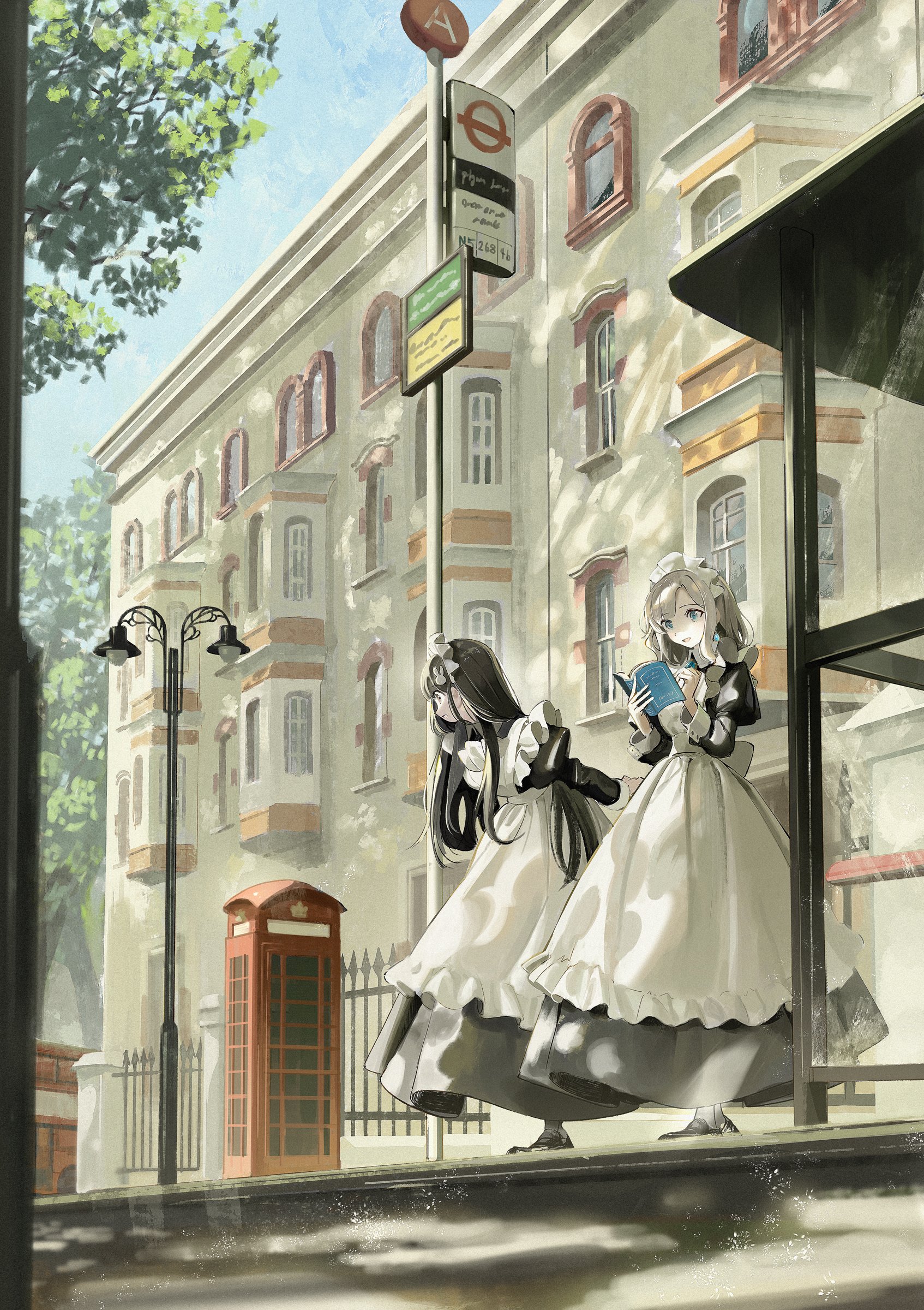 shii (kairi-t-k0317), original, absurdres, highres, 2girls, apron, black dress, black hair, black shoes, blonde hair, blue eyes, book, brown eyes, building, bus stop, closed mouth, day, dress, frilled apron, frills, full body, holding, holding book, juliet sleeves, lamppost, long hair, long sleeves, maid, maid apron, maid headdress, multiple girls, open mouth, outdoors, phone booth, puffy sleeves, shoes, sky, smile, standing, tree, white apron, white headdress