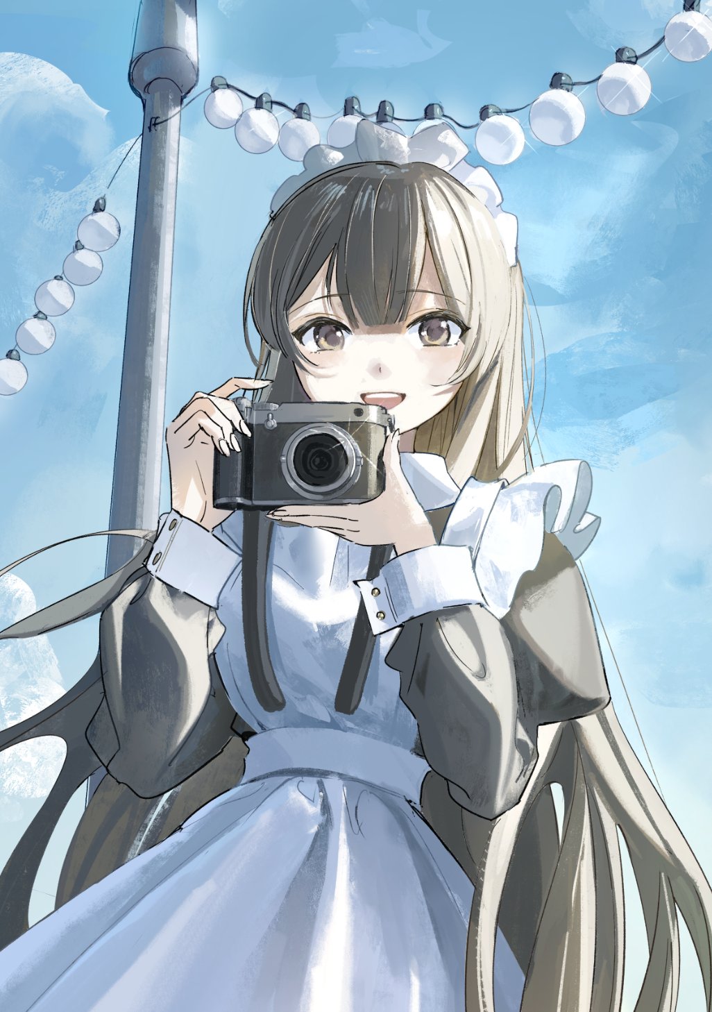 shii (kairi-t-k0317), original, highres, 1girl, apron, black dress, black hair, blue sky, brown eyes, camera, dress, frilled apron, frills, headdress, holding, holding camera, juliet sleeves, lamppost, long hair, long sleeves, looking at viewer, maid, maid apron, maid headdress, open mouth, outdoors, puffy sleeves, sky, smile, solo, very long hair, white apron