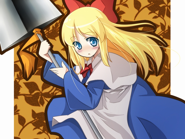 binsen, shanghai doll, touhou, 1girl, blonde hair, blue eyes, blush, female focus, plant, ribbon, solo