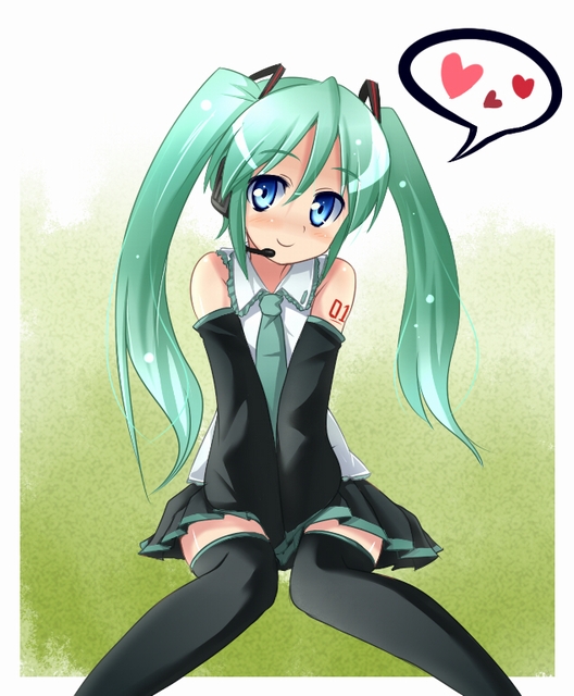 binsen, hatsune miku, vocaloid, blue eyes, blush, heart, sitting, smile, solo, thighhighs, twintails