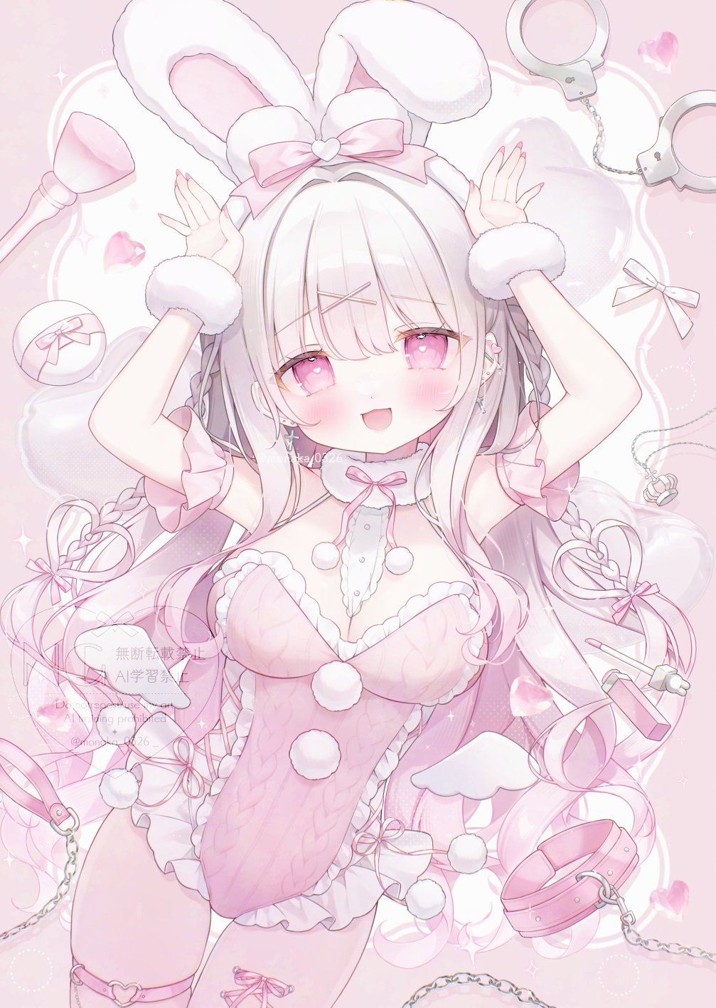 omochi monaka, original, highres, 1girl, animal ears, bare shoulders, blush, bow, braid, breasts, cleavage, collar, cuffs, frills, hair bow, hair ornament, hairband, handcuffs, heart, large breasts, leash, leotard, long hair, looking at viewer, open mouth, pink bow, pink eyes, pink leotard, rabbit ears, ribbon, smile, solo, thigh strap, twintails, white hair, white hairband, x hair ornament
