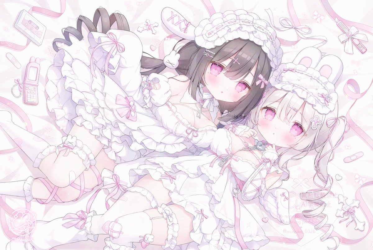 omochi monaka, original, 2girls, animal ears, bare shoulders, black hair, blush, bow, breasts, cellphone, cross, detached sleeves, dress, drill hair, frilled thigh strap, garter straps, hair bow, hair ornament, key, kneehighs, large breasts, long hair, looking at viewer, lying, multiple girls, on back, on side, phone, pink bow, pink eyes, pink ribbon, purple eyes, rabbit ears, ribbon, single thighhigh, socks, thigh strap, thighhighs, videocassette, white dress, white hair, white headdress, white socks