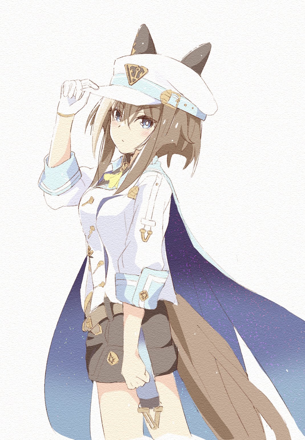 hakugitsu, cheval grand (grand itineraire) (umamusume), cheval grand (umamusume), umamusume, highres, 1girl, animal ears, ascot, black shorts, blue cape, blue eyes, blush, breasts, brown hair, cape, ear covers, ears through headwear, gloves, hair between eyes, hat, hat belt, horse ears, horse girl, horse tail, jacket, long hair, multicolored hair, peaked cap, shorts, simple background, single glove, solo, streaked hair, tail, white background, white gloves, white hair, white hat, white jacket, yellow ascot