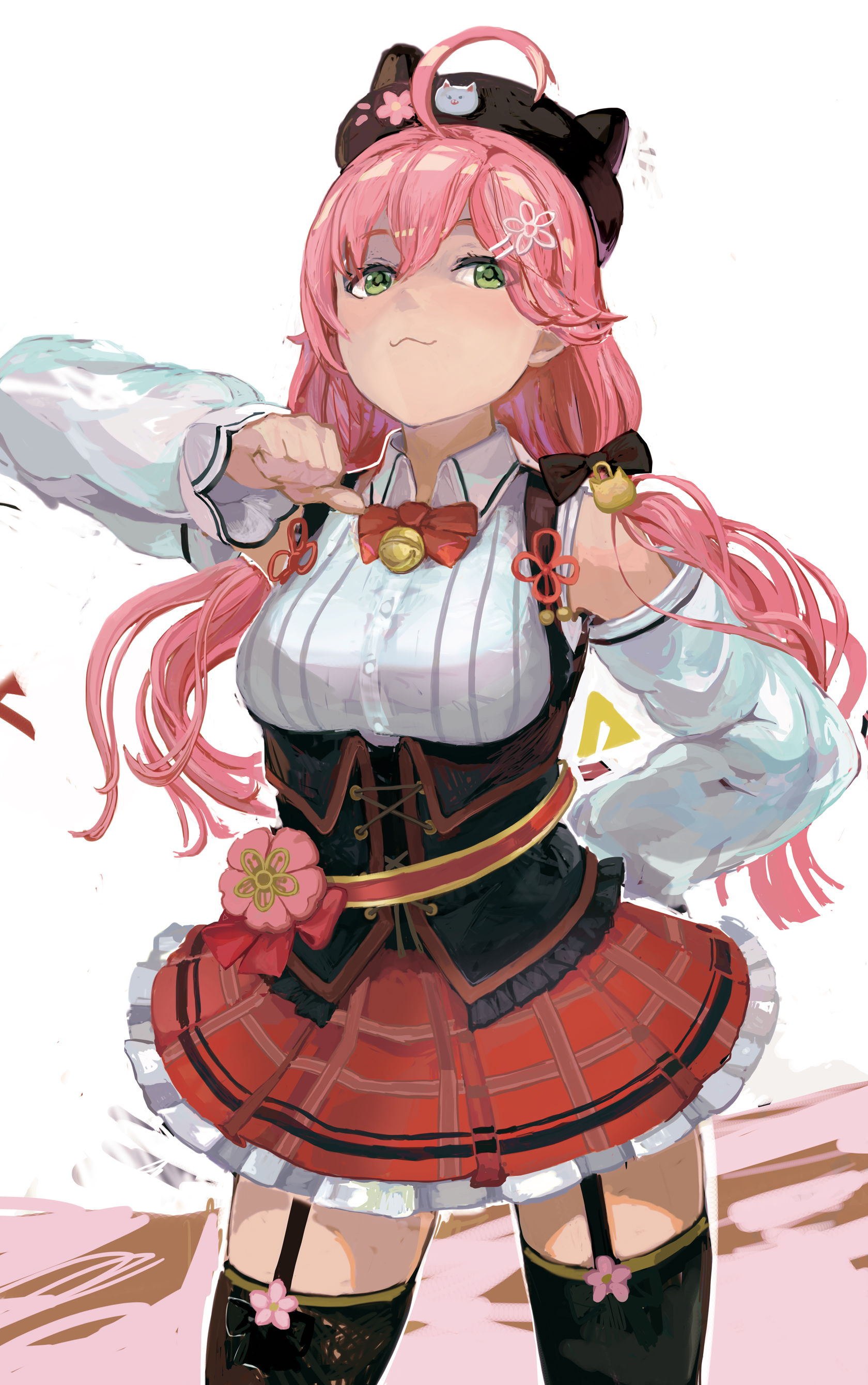 uturo, sakura miko, sakura miko (casual), hololive, absurdres, commentary request, highres, 1girl, ahoge, bell, black thighhighs, closed mouth, cowboy shot, green eyes, hair between eyes, hair ornament, hairclip, long hair, long sleeves, looking at viewer, neck bell, official alternate costume, pink hair, plaid clothes, plaid skirt, red skirt, simple background, skirt, solo, thighhighs, twintails, virtual youtuber, white background