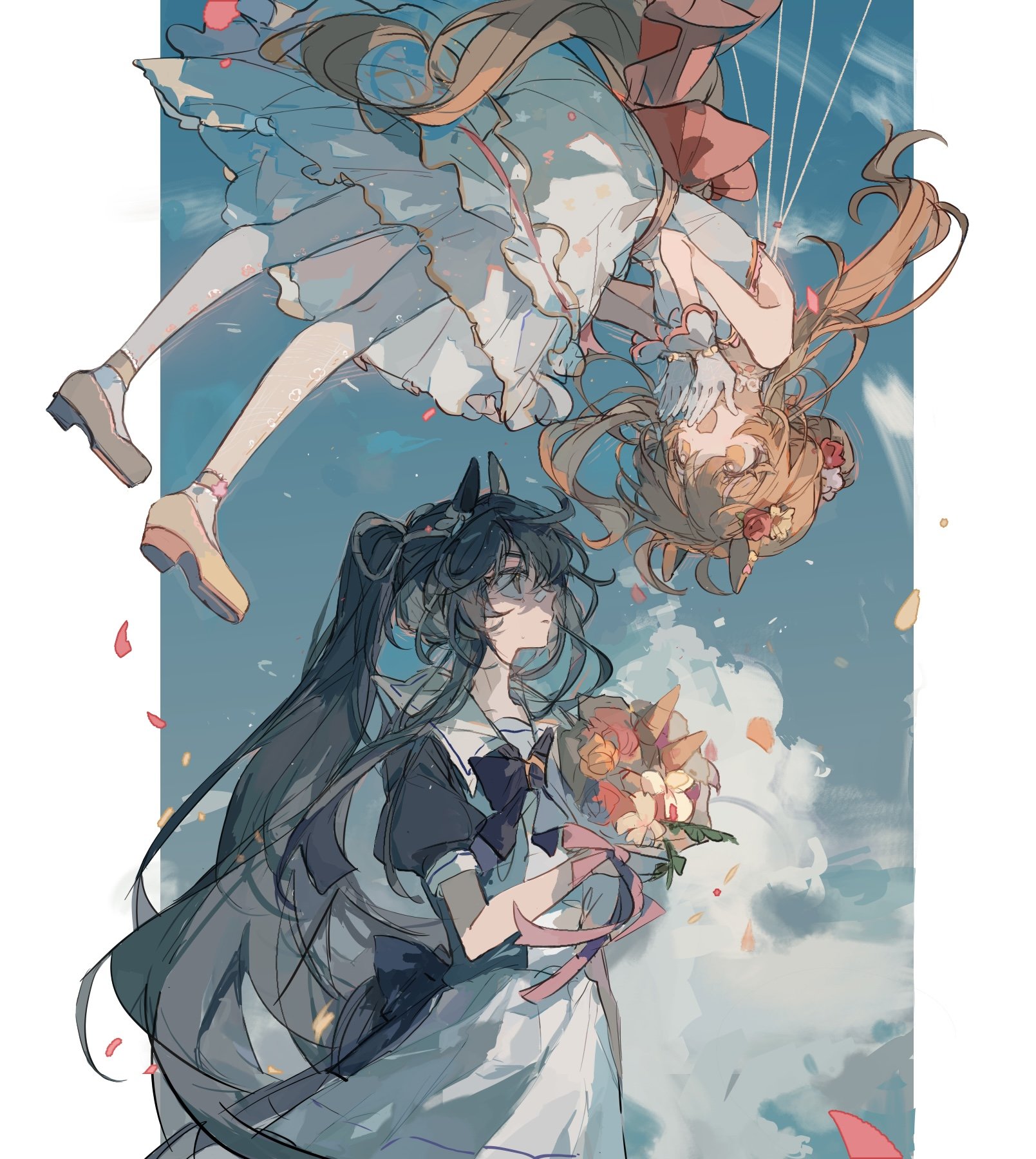 umakrrrr, mayano top gun (sunlight bouquet) (umamusume), mayano top gun (umamusume), narita brian (umamusume), umamusume, commentary, highres, 2girls, :d, animal ears, bandaid, bandaid on face, bandaid on nose, black hair, blue sky, bouquet, bow, bowtie, cloud, dress, flower, gloves, hair flower, hair ornament, holding, holding bouquet, horse ears, horse girl, horse tail, long hair, multiple girls, open mouth, orange eyes, orange flower, orange hair, outdoors, pantyhose, petals, ponytail, puffy short sleeves, puffy sleeves, purple bow, purple bowtie, purple flower, red flower, sailor collar, school uniform, shoes, short sleeves, skirt, sky, smile, strapless, strapless dress, tail, tracen school uniform, very long hair, wedding dress, white dress, white flower, white gloves, white pantyhose, white sailor collar, white shoes, white skirt