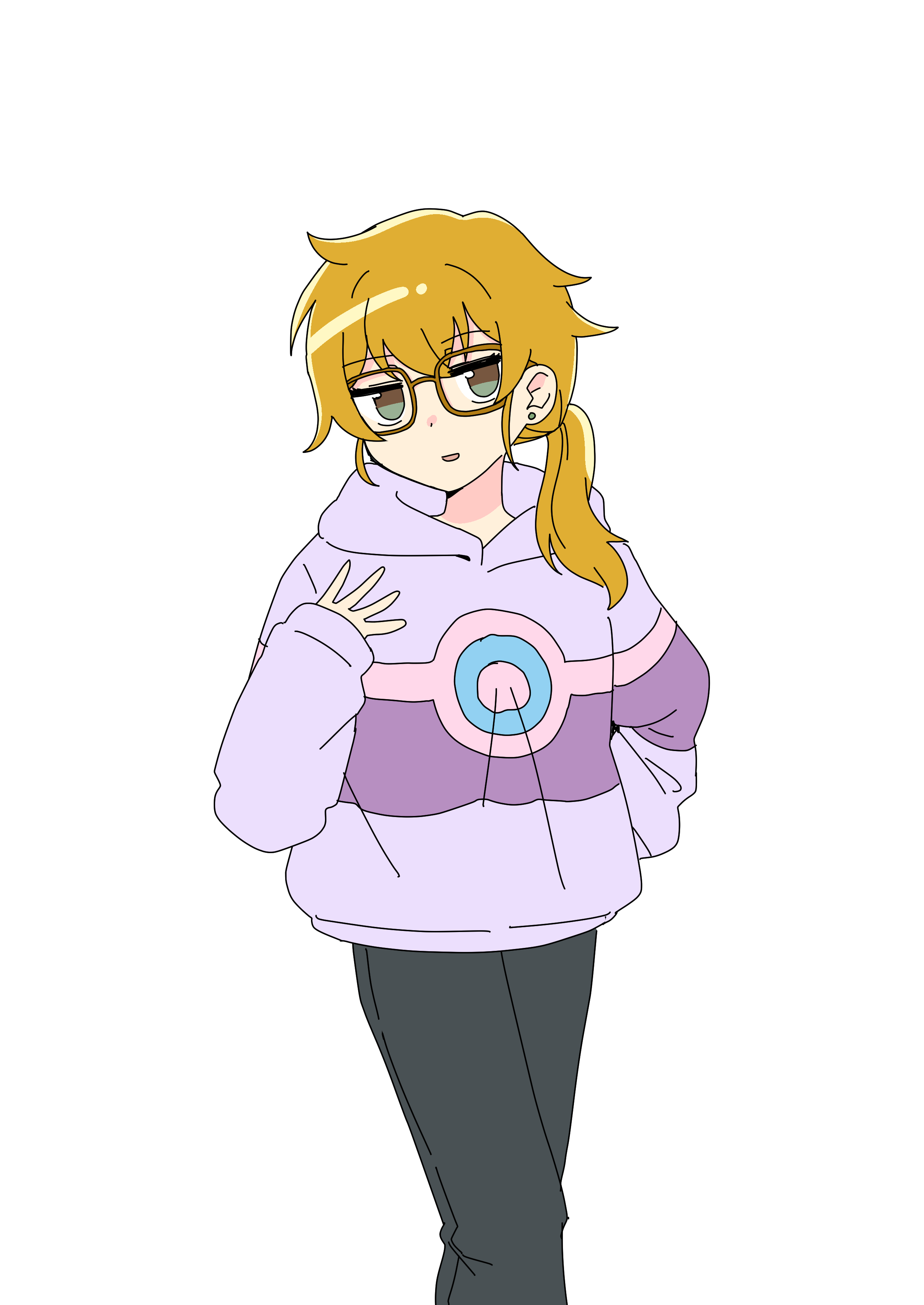 nao (70 pocky), chan mama, harumi (pokemon), nintendo, pokemon, pokemon kids tv, absurdres, commentary request, highres, 1girl, bags under eyes, black pants, brown-framed eyewear, brown hair, cosplay, cowboy shot, earrings, flat color, glasses, grey hoodie, harumi (pokemon) (cosplay), hood, hood down, hoodie, jewelry, long hair, long sleeves, open mouth, pants, ponytail, simple background, smile, solo, white background