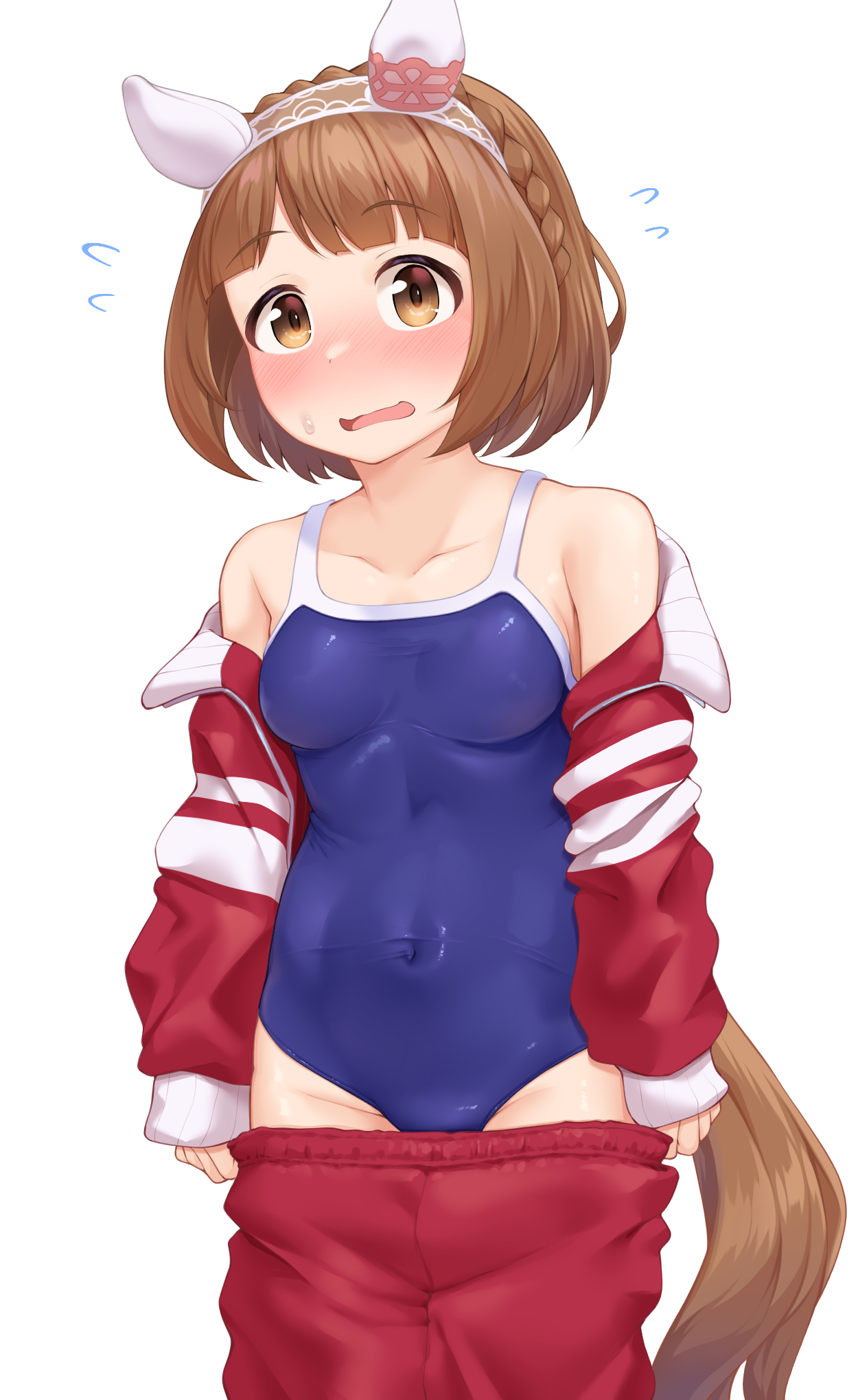 naka ushiro, yukino bijin (umamusume), umamusume, commentary request, highres, 1girl, animal ears, blue one-piece swimsuit, blush, braid, breasts, brown eyes, brown hair, clothes pull, collarbone, covered navel, flying sweatdrops, horse ears, horse girl, horse tail, jacket, long sleeves, looking at viewer, medium breasts, navel, nose blush, one-piece swimsuit, open mouth, red jacket, red shorts, school swimsuit, shorts, shorts pull, simple background, solo, swimsuit, tail, tracen training uniform, white background