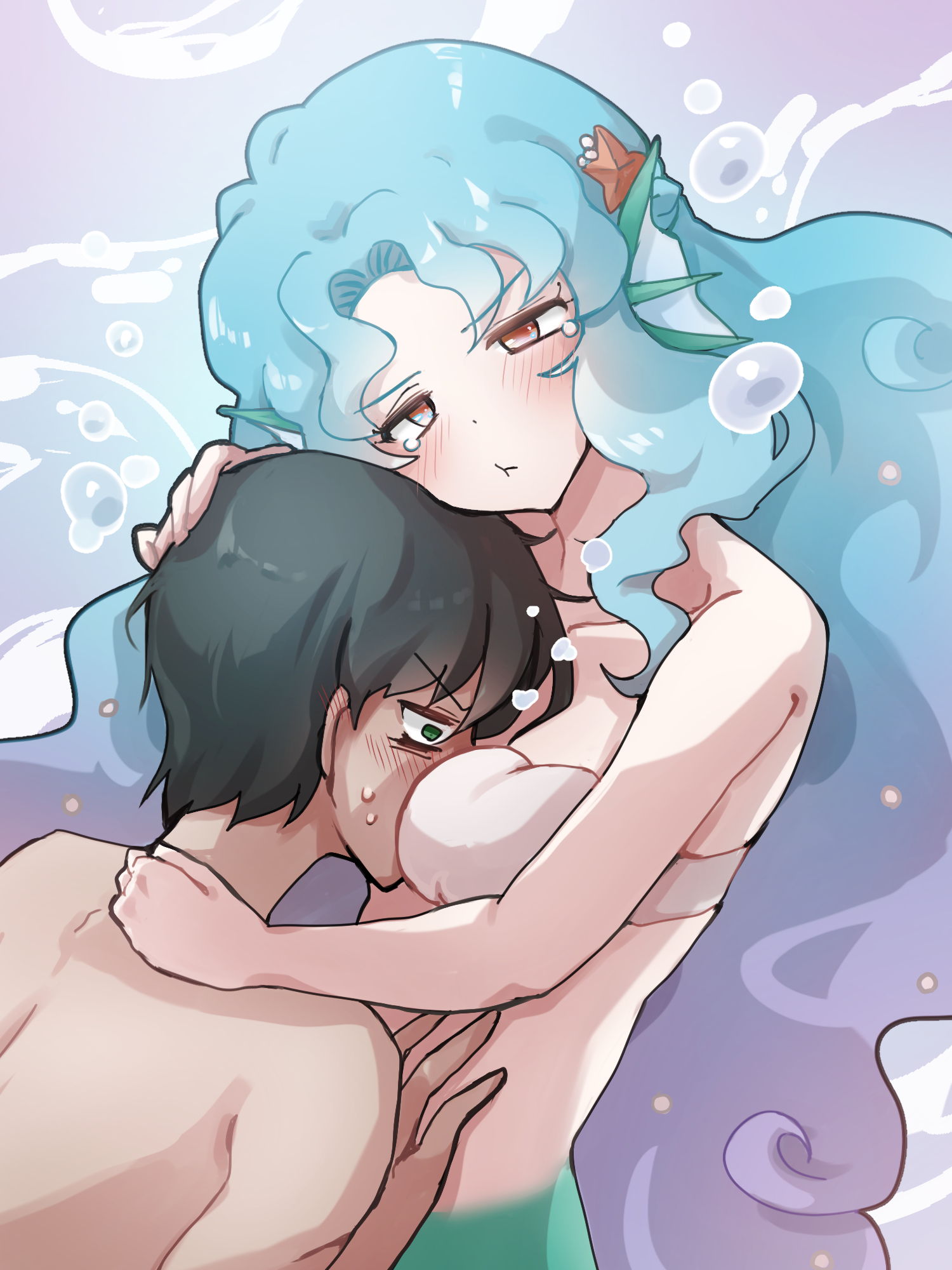 komena (shinyday312), original, commentary request, highres, 1boy, 1girl, air bubble, bare shoulders, between breasts, bikini, blue hair, blush, breasts, brown eyes, bubble, face between breasts, fins, gradient hair, green eyes, hair ornament, hand on another's back, hand on another's head, head between breasts, head fins, head rest, hug, long hair, long sidelocks, looking at viewer, mermaid, merman, monster boy, monster girl, multicolored hair, nude, pout, pulling, shell, shell bikini, short hair, sidelocks, starfish, starfish hair ornament, swimsuit, tearing up, tears, wide-eyed