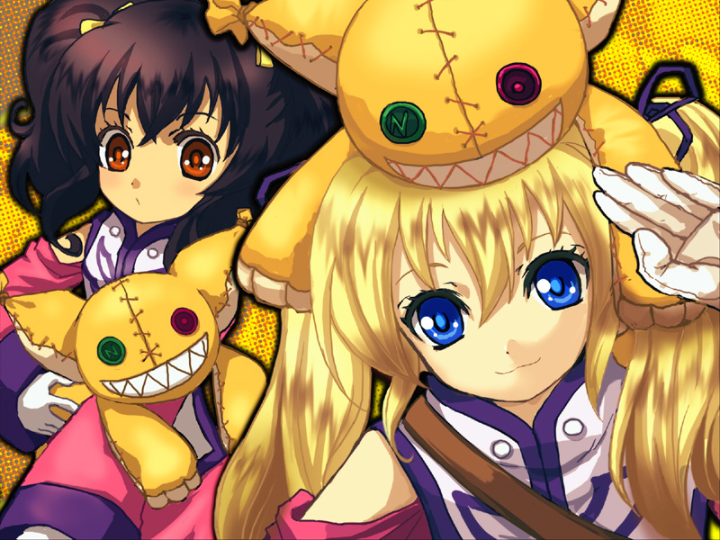 kirita (noraring), anise tatlin, patty fleur, tokunaga (tales), tales of (series), tales of the abyss, tales of vesperia, 2girls, anise tatlin (cosplay), black hair, blonde hair, blue eyes, brown eyes, child, cosplay, doll, gloves, in-franchise crossover, multiple girls, smile, twintails, white gloves
