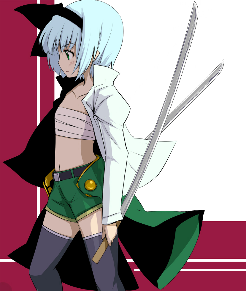 gustav (telomere na), konpaku youmu, touhou, silver hair, 1girl, black thighhighs, chest sarashi, dual wielding, female focus, flat chest, green eyes, hairband, holding, katana, open clothes, open shirt, sarashi, shirasaya, shirt, short hair, shorts, solo, sword, tanto, thighhighs, weapon