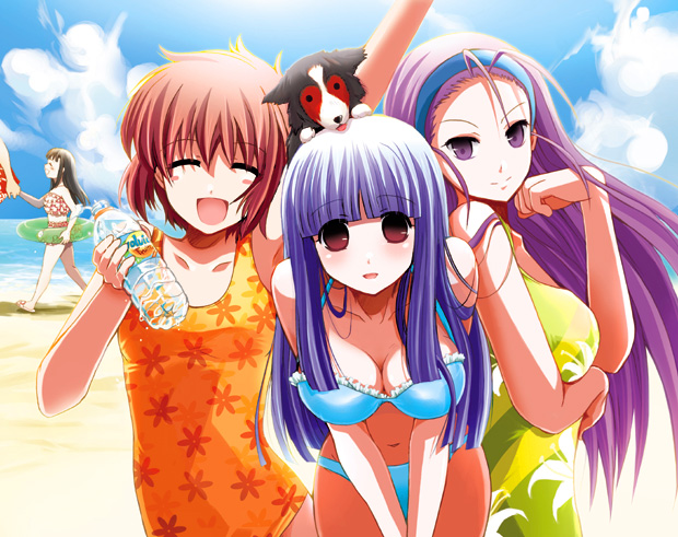 asagami fujino, ouji misaya, seo shizune, kara no kyoukai, 4girls, arm up, beach, bikini, bottle, breasts, brown hair, casual one-piece swimsuit, cleavage, closed eyes, day, dog, empty eyes, hairband, innertube, large breasts, leaning forward, long hair, medium breasts, multiple girls, one-piece swimsuit, open mouth, outdoors, purple eyes, purple hair, red eyes, short hair, swim ring, swimsuit