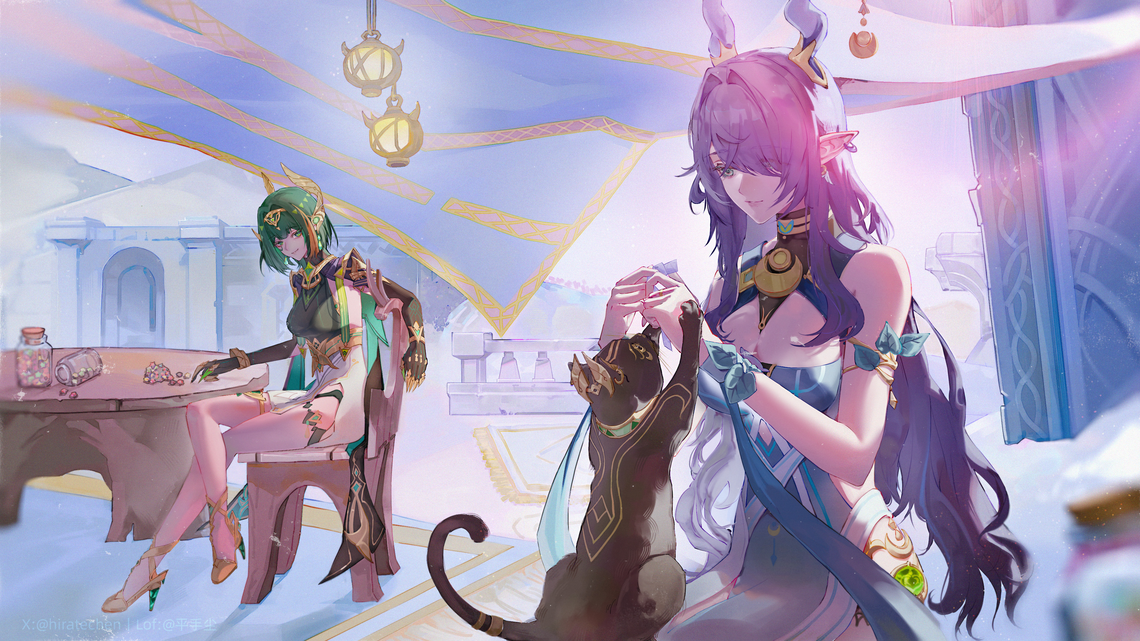 hiratechen, ashru (genshin impact), lauma (genshin impact), nefer (genshin impact), genshin impact, absurdres, commentary, highres, 2girls, ancient egyptian clothes, antlers, armlet, bare shoulders, black gloves, blue dress, blue eyes, bracelet, cat, chair, claw ring, crescent, crossed legs, dress, ear covers, elbow gloves, eyes visible through hair, gloves, green eyes, green hair, green shirt, hair intakes, hair over one eye, hairband, hanging lantern, headgear, high heels, horns, jar, jewelry, long hair, looking at another, multiple girls, pointy ears, purple hair, ruins, shirt, short hair, sitting, skirt, smile, table, vision (genshin impact), white skirt