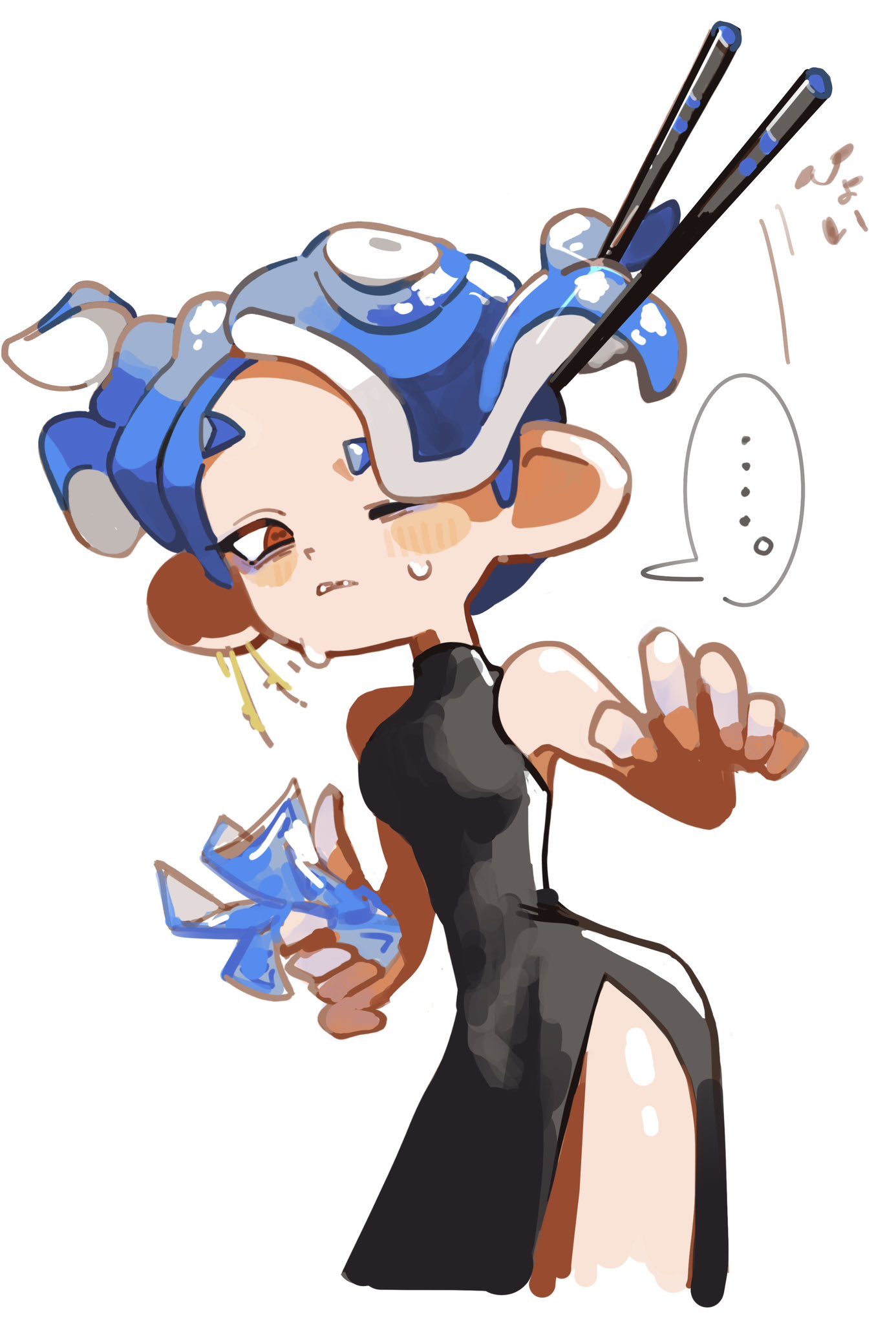 aluy01, shiver (splatoon), nintendo, splatoon (series), splatoon 3, …, 1girl, alternate costume, blue hair, blush, chopsticks, cowboy shot, dress, fangs, open mouth, side slit, solo, sweat, tentacle hair, white background