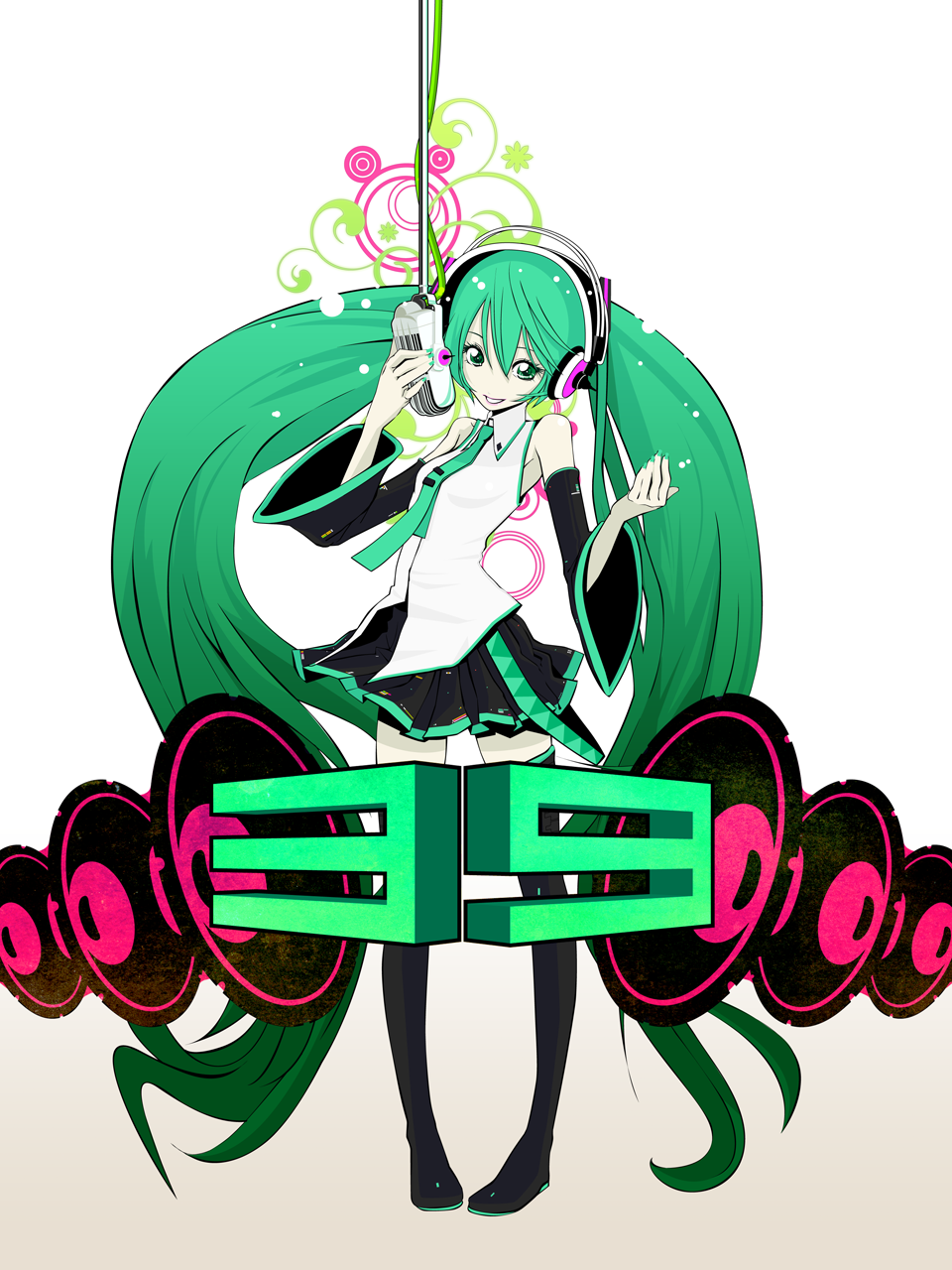 gassun, hatsune miku, vocaloid, bad id, bad pixiv id, highres, detached sleeves, green eyes, green hair, headphones, long hair, microphone, solo, studio microphone, thighhighs, twintails, very long hair, vintage microphone
