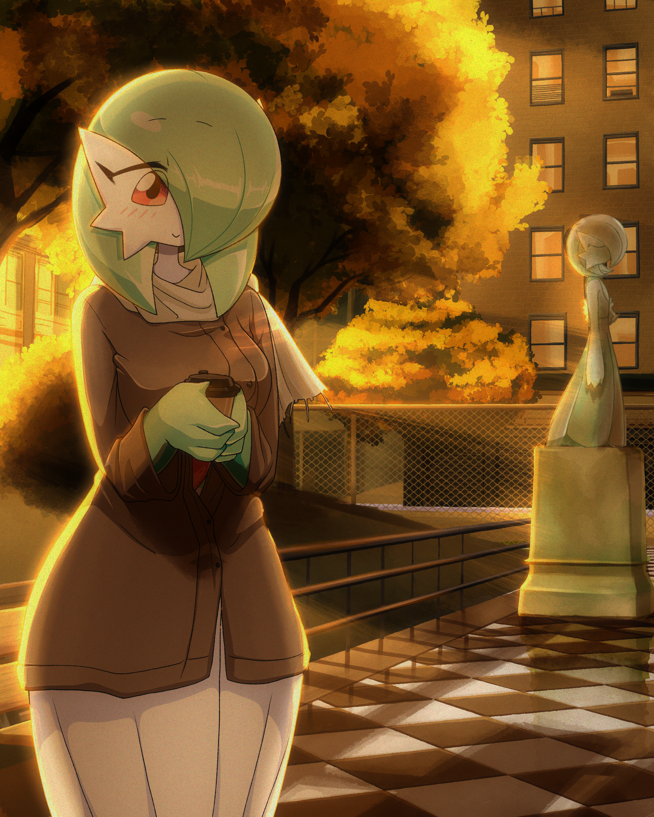 pearboy-ooh, gardevoir, nintendo, pokemon, 1girl, backlighting, blush, bob cut, breasts, brown cardigan, building, buttons, cardigan, chain-link fence, closed mouth, clothed pokemon, colored skin, cowboy shot, cup, disposable cup, drink, female focus, fence, gen 3 pokemon, green hair, green skin, hair over one eye, hands up, happy, holding, holding cup, holding drink, large breasts, light rays, long sleeves, looking down, mature female, medium hair, multicolored skin, one eye covered, outdoors, own hands together, pokemon (creature), red eyes, scarf, smile, solo, standing, statue, sunset, tile floor, tiles, tree, two-tone skin, white scarf, white skin, wide hips, wide sleeves