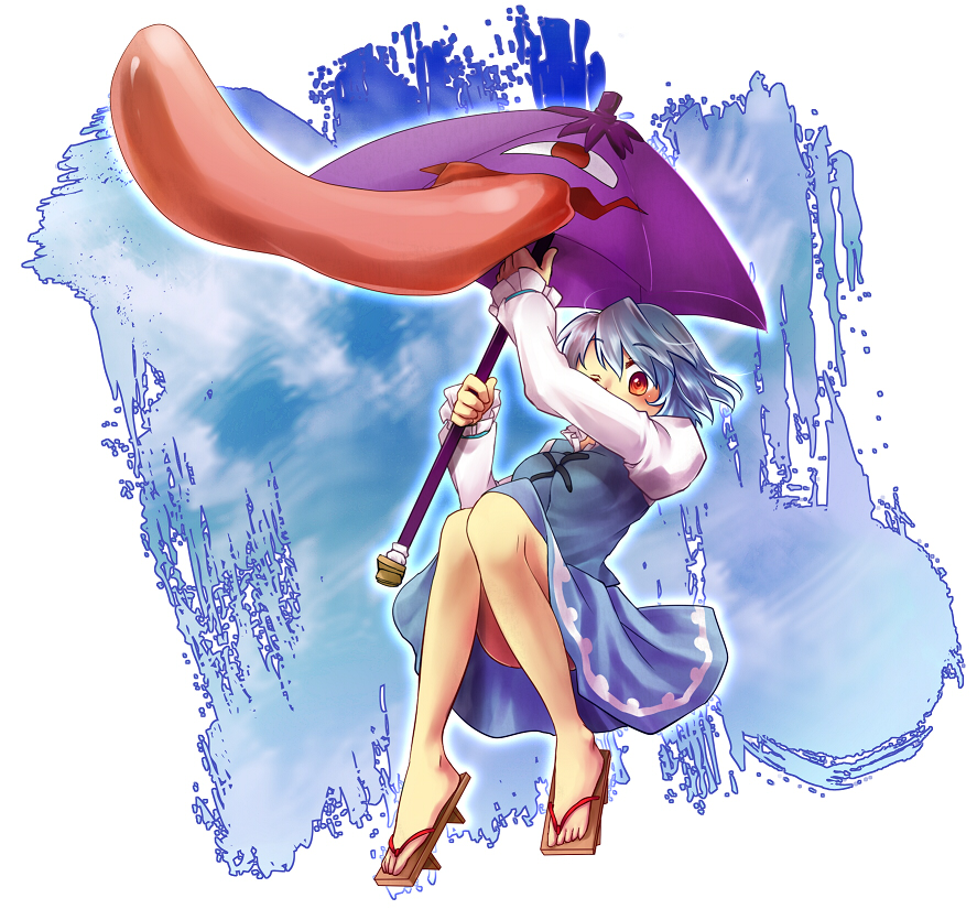 sayama yoshiki, tatara kogasa, touhou, bad id, bad pixiv id, 1girl, blue hair, female focus, geta, kakusei shitauruchi, karakasa obake, one eye closed, red eyes, sandals, short hair, solo, tongue, umbrella, wink