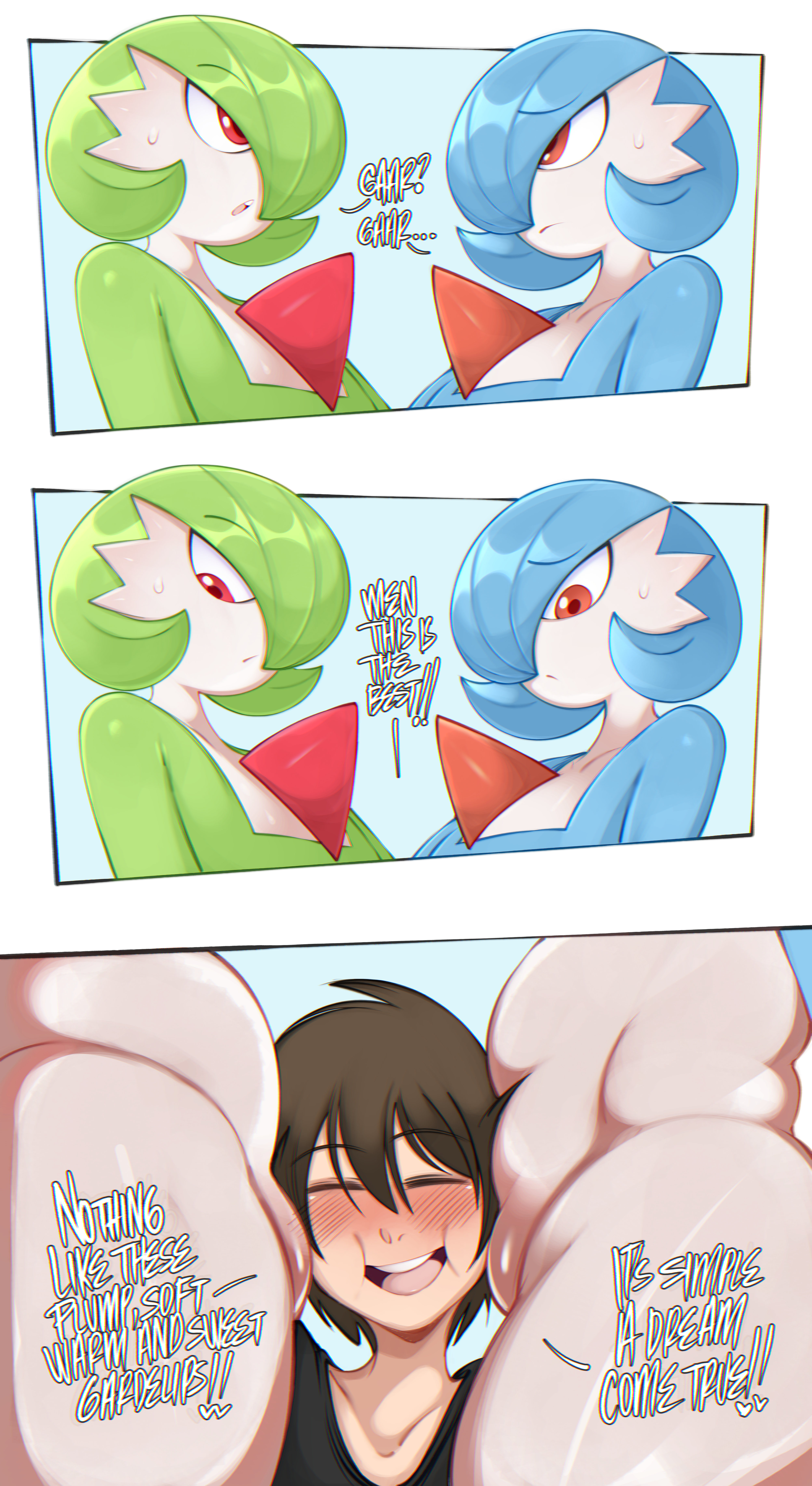 saltyxodium, gardevoir, nintendo, pokemon, 1boy, 2girls, 3koma, = =, alternate color, belly, black shirt, blue background, blue hair, blue skin, blush, bob cut, brown hair, chromatic aberration, closed eyes, closed mouth, collarbone, colored skin, comic, english text, eye contact, flat chest, from side, gen 3 pokemon, green hair, green skin, hair between eyes, hair over one eye, happy, heart, looking at another, looking down, multicolored skin, multiple girls, multiple views, nervous, nose blush, one eye covered, open mouth, outside border, pokemon (creature), profile, raised eyebrows, red eyes, shiny and normal, shiny pokemon, shirt, short hair, sidelocks, smile, sweat, talking, teeth, thick thighs, thighs, tongue, two-tone skin, white skin