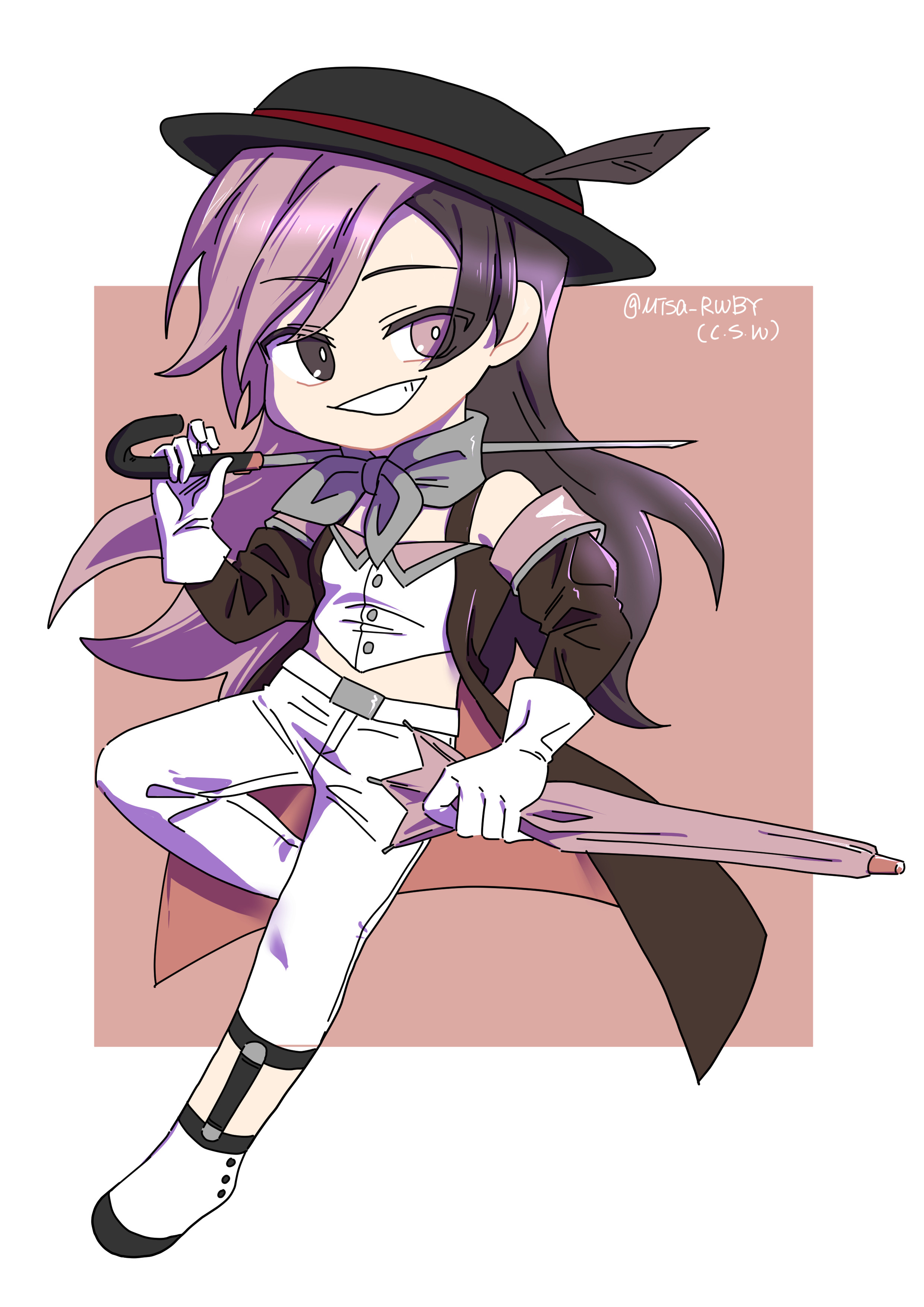 misanim, neopolitan (rwby), rwby, absurdres, commentary, highres, 1girl, bare shoulders, black hat, bright pupils, brown eyes, brown hair, deformed, eyelashes, full body, grey neckerchief, grin, hat, hat feather, heterochromia, holding, holding umbrella, holding weapon, midriff, multicolored hair, neckerchief, pants, pink eyes, pink hair, shirt, shoes, simple background, smile, solo, split-color hair, teeth, two-tone hair, umbrella, weapon, white pants, white pupils, white shirt, white shoes