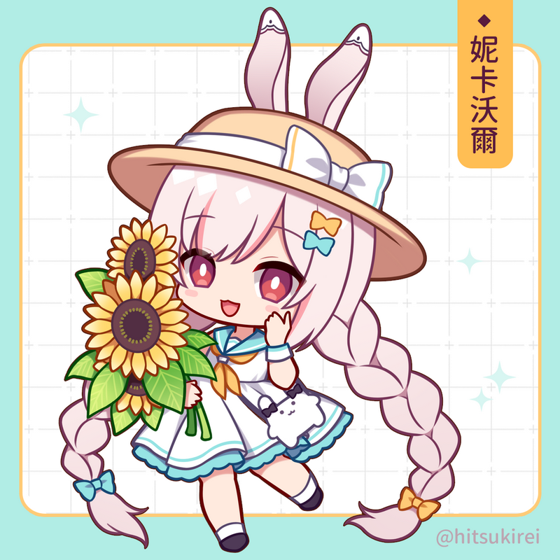 hitsuki rei, indie virtual youtuber, commentary request, translation request, 1girl, :d, animal ears, bag, black shoes, blue border, blue bow, blue sailor collar, blush stickers, border, bow, braid, brown hat, chibi, dress, ears through headwear, flower, full body, grey hair, grid background, hair bow, hat, hat bow, long hair, low twintails, nica wolper, open mouth, pleated dress, rabbit ears, red eyes, sailor collar, sailor dress, shoes, shoulder bag, smile, socks, solo, standing, standing on one leg, sunflower, twin braids, twintails, twitter username, very long hair, virtual youtuber, white background, white bow, white dress, white socks, yellow bow, yellow flower