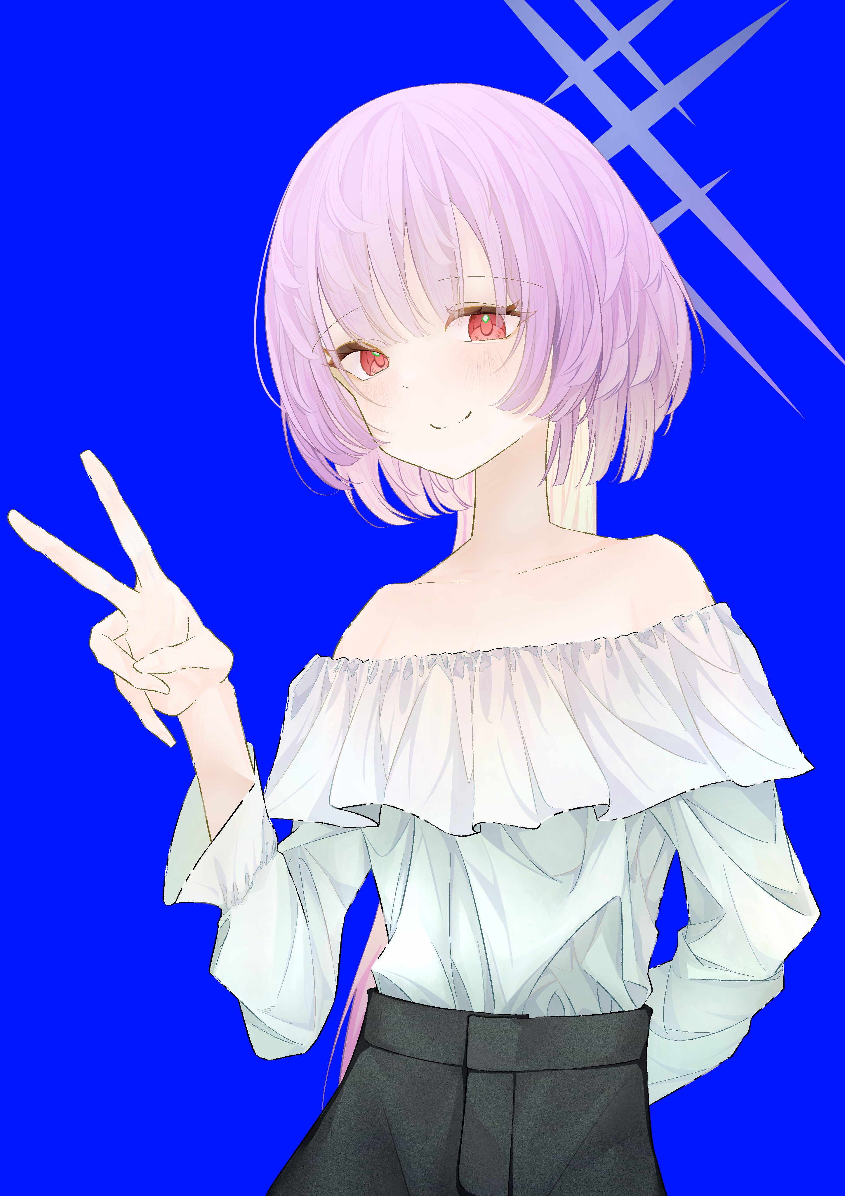 atsuko (blue archive), blue archive, absurdres, commentary request, highres, 1girl, arm behind back, blue background, blush, closed mouth, eyelashes, frilled shirt, frills, long hair, long sleeves, ponytail, purple hair, red eyes, red pupils, shirt, simple background, smile, solo, user uwjj7285, v, white shirt