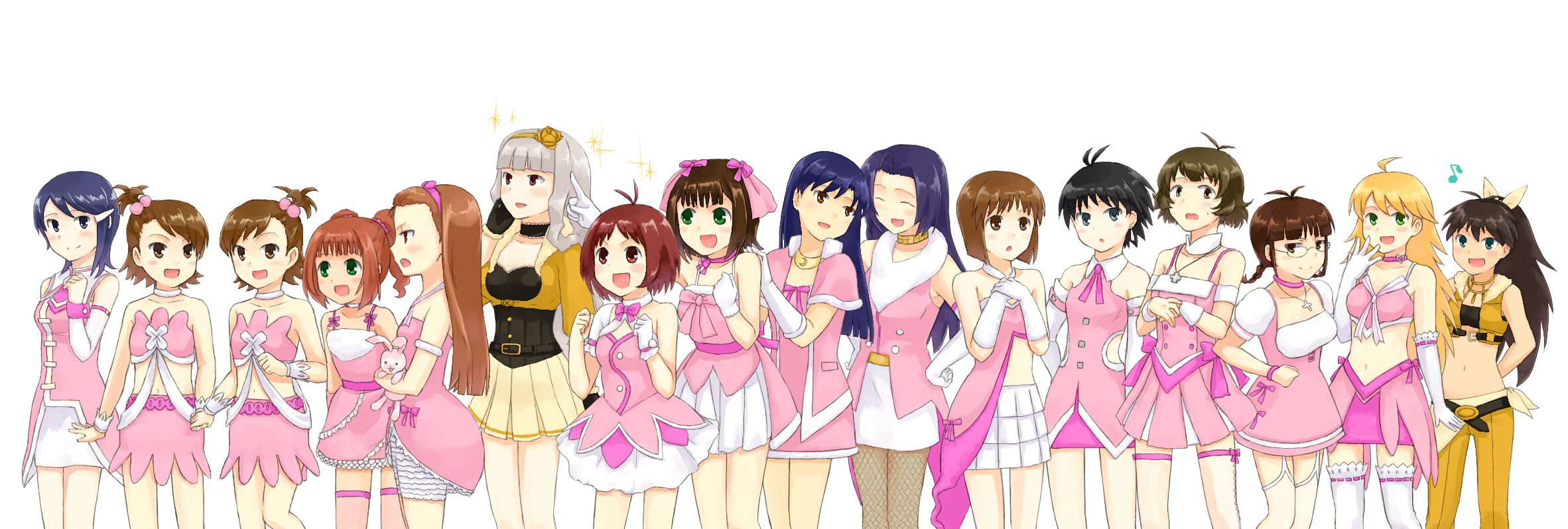 himetsuba, 961 production, akizuki ritsuko, akizuki ryo, amami haruka, futami ami, futami mami, ganaha hibiki, hagiwara yukiho, hidaka ai, hoshii miki, kikuchi makoto, kisaragi chihaya, minase iori, miura azusa, mizutani eri, shijou takane, takatsuki yayoi, idolmaster, idolmaster (classic), idolmaster dearly stars, idolmaster sp, highres, long image, md5 mismatch, wide image, 00s, 1boy, 6+girls, ahoge, antenna hair, black hair, blonde hair, blue eyes, blue hair, blush, brown hair, choker, closed eyes, cross, cross necklace, cute & girly (idolmaster), doll, earrings, everyone, fishnet pantyhose, fishnets, glasses, gloves, green eyes, grey hair, hairband, happy, holding hands, jewelry, long hair, midriff, multiple girls, navel, necklace, open mouth, pantyhose, rabbit, red hair, short hair, simple background, skirt, smile, sweat, thighhighs, trap, white background