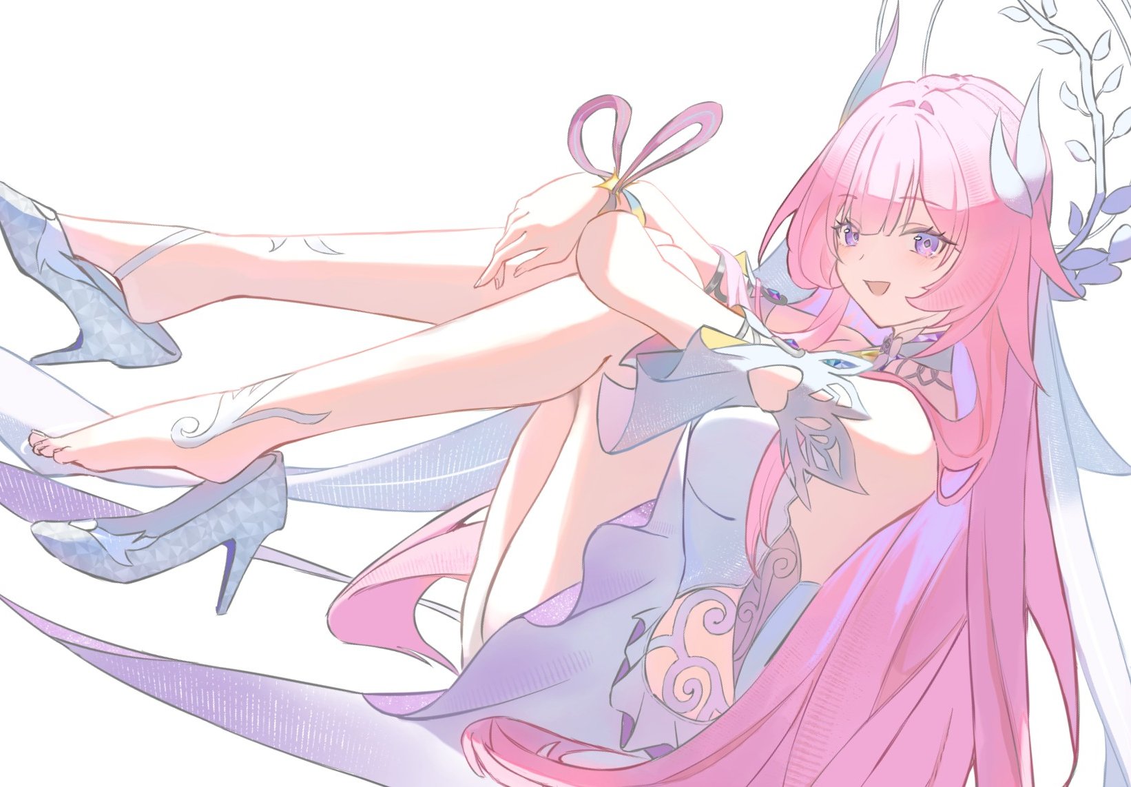 cyrene (honkai: star rail), honkai: star rail, honkai (series), commentary, highres, 1girl, breasts, cyrene (demiurge) (honkai: star rail), diamond-shaped pupils, diamond (shape), dress, fetal position, halo, high heels, large breasts, long hair, looking at viewer, pink hair, purple eyes, sh1r4tama, shoes, simple background, smile, solo, symbol-shaped pupils, thighs, toes, unworn shoes, very long hair, white background, white dress