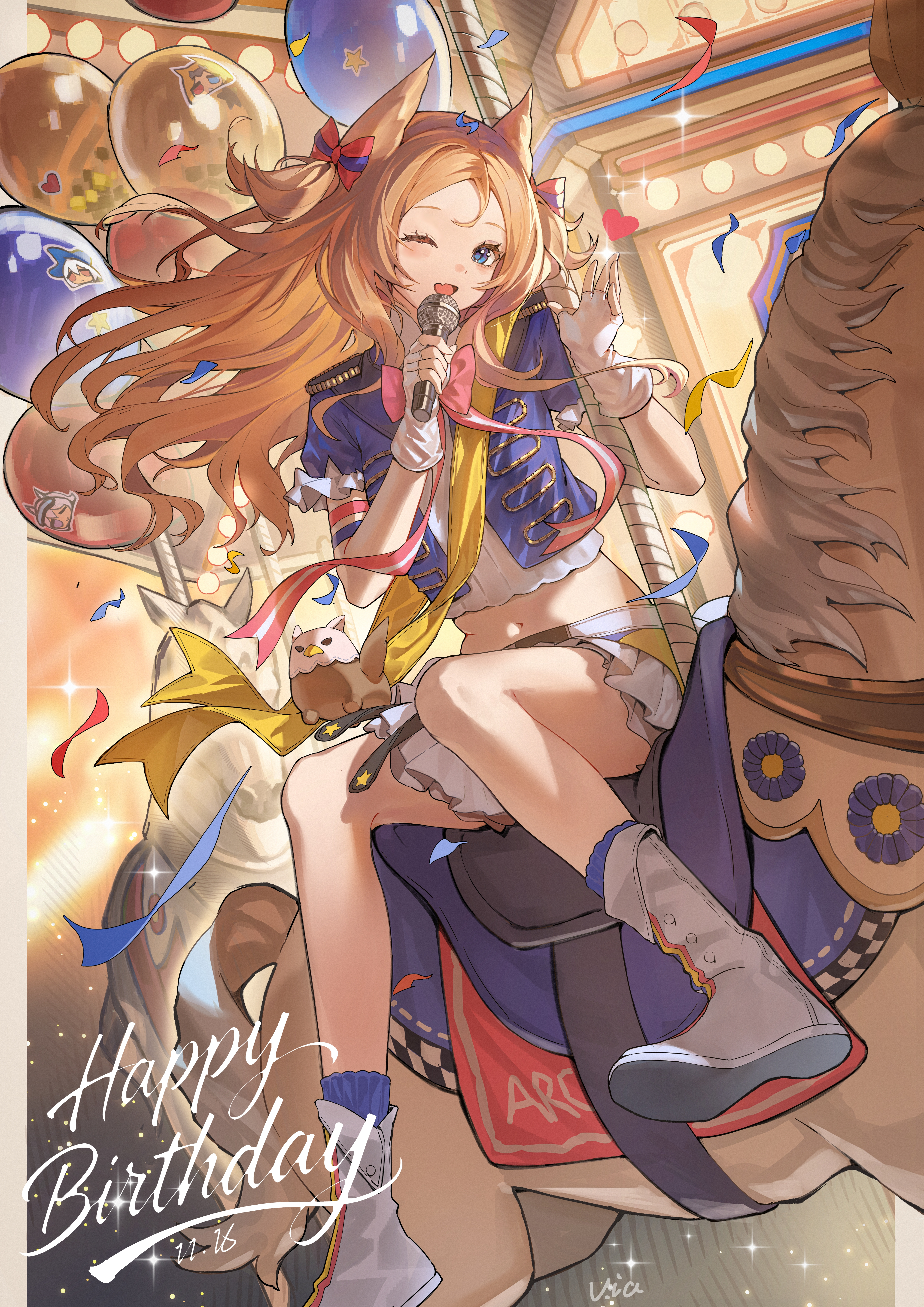 v.ia, archetto (arknights), archetto (publicity strategy) (arknights), arknights, absurdres, commentary request, highres, 1girl, ;d, animal ears, balloon, blue eyes, blue jacket, blue socks, boots, brown hair, carousel, confetti, crop top, dated, fingerless gloves, floating hair, forehead, gloves, hands up, happy birthday, holding, holding microphone, jacket, lion ears, long hair, looking at viewer, microphone, midriff, navel, one eye closed, open clothes, open jacket, open mouth, pleated skirt, shirt, short sleeves, skirt, smile, socks, solo, very long hair, white boots, white gloves, white shirt, white skirt