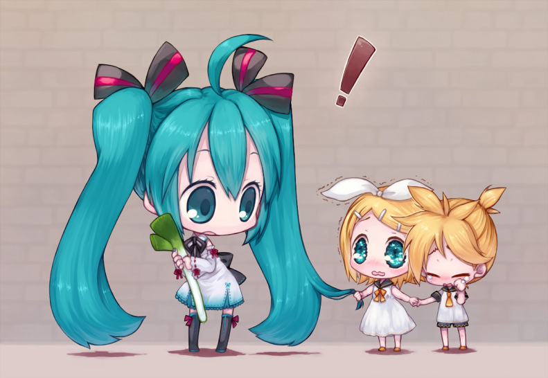 velpaw, hatsune miku, kagamine len, kagamine rin, vocaloid, artist request, !, 1boy, 2girls, blonde hair, blue eyes, blue hair, blush, chibi, grabbing another's hair, holding another's hair, long hair, multiple girls, spring onion, tears, thighhighs, trembling, twintails