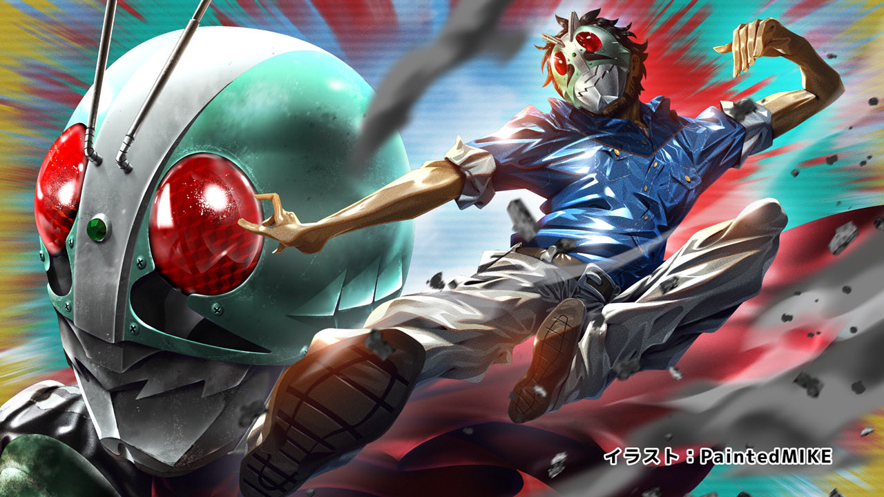 paintedmike, kamen rider 1, tanzaburou toujima, kamen rider, kamen rider (1st series), toujima tanzaburou wa kamen rider ni naritai, highres, official art, 2boys, attack, black bodysuit, black pants, blue shirt, bodysuit, finishing move, full body, green helmet, green mask, helmet, jumping, multiple boys, pants, rider kick, shirt