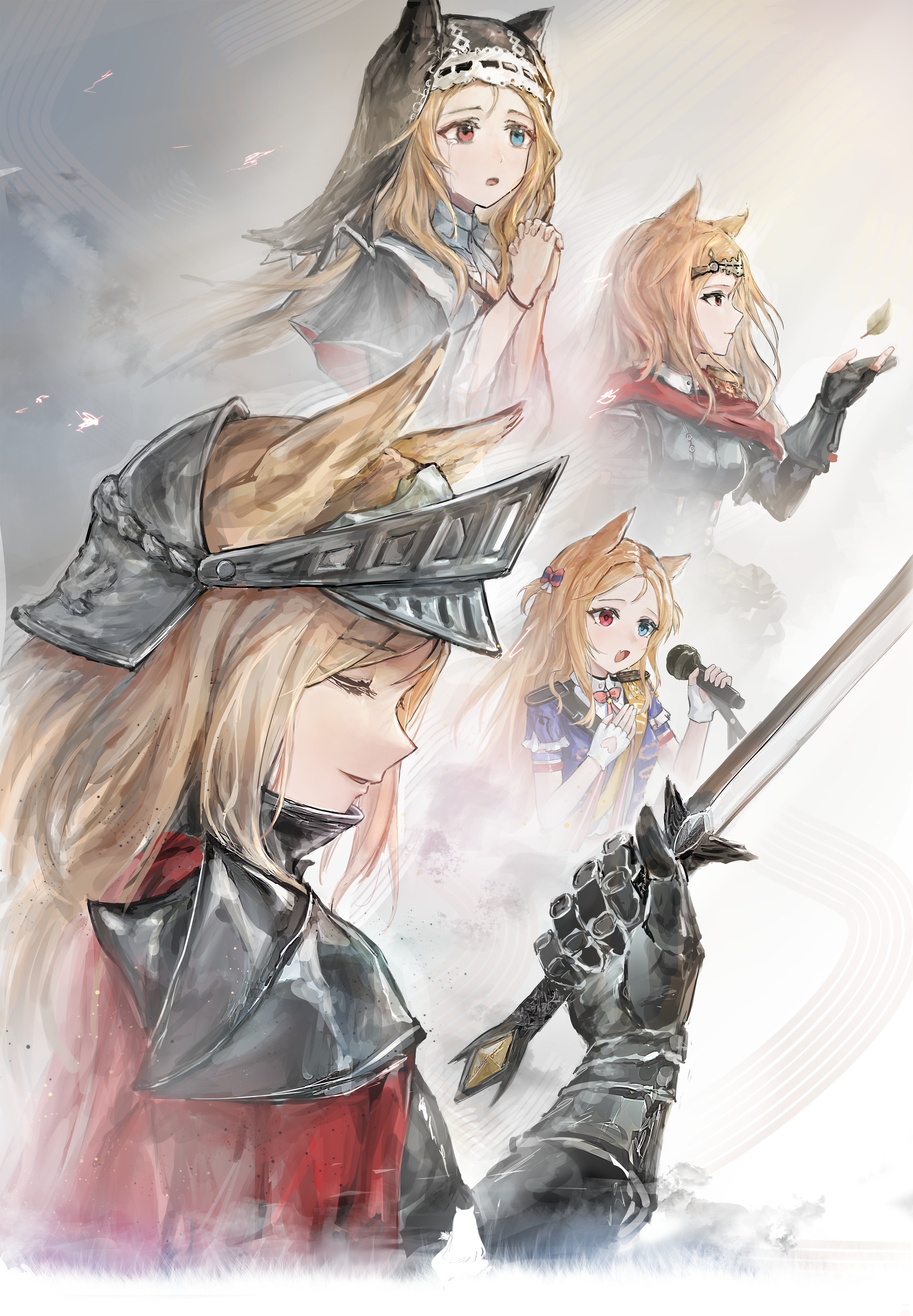 zhi niao, archetto (arknights), arknights, absurdres, commentary request, highres, 1girl, armor, black gloves, blue eyes, blue jacket, bow, breastplate, cape, closed eyes, fingerless gloves, gauntlets, gloves, heterochromia, holding, holding microphone, holding sword, holding weapon, interlocked fingers, jacket, long hair, microphone, multiple views, own hands clasped, own hands together, parted lips, pauldrons, pink bow, red cape, red eyes, shirt, shoulder armor, sword, veil, visor (armor), weapon, white shirt