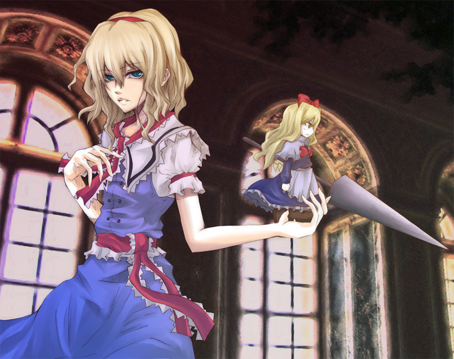 pokimari, alice margatroid, shanghai doll, touhou, bad id, bad pixiv id, 2girls, blonde hair, blue eyes, doll, female focus, hairband, indoors, lance, long hair, multiple girls, polearm, short hair, solo, spear, standing, weapon