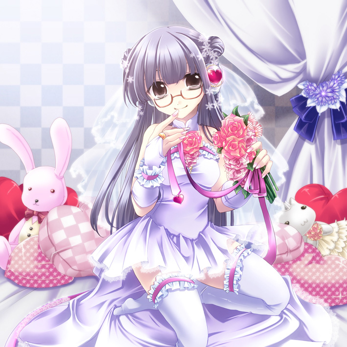 shinolion, takitsume shino, original, 1girl, bouquet, bridal gauntlets, brown eyes, dress, female focus, flower, frilled thighhighs, frills, glasses, heart, heart-shaped pillow, long hair, pillow, purple hair, smile, solo, stuffed animal, stuffed cat, stuffed rabbit, stuffed toy, thighhighs, wedding dress