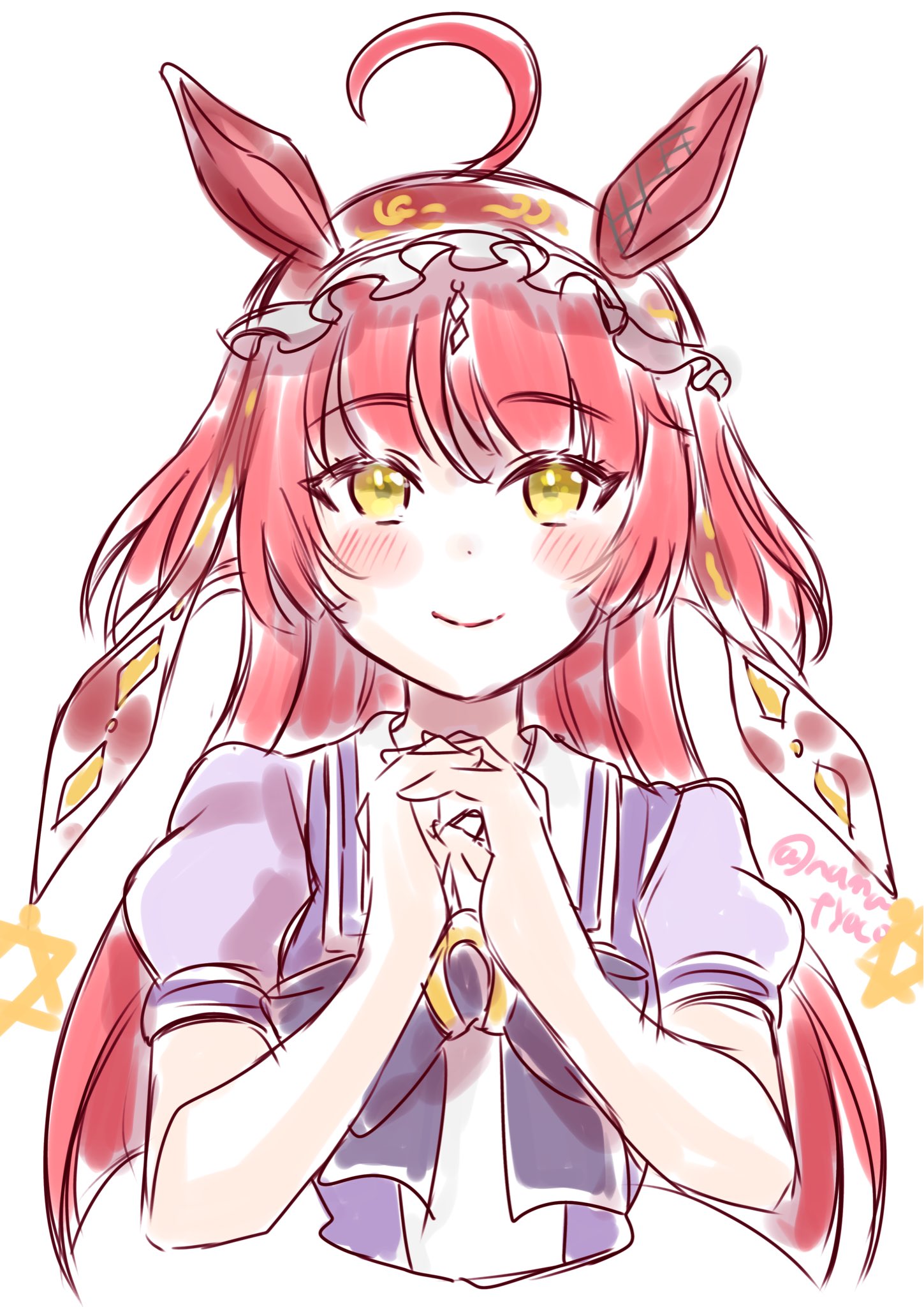 namatyoco, red desire (umamusume), umamusume, commentary request, highres, 1girl, ahoge, animal ears, closed mouth, collarbone, hair between eyes, hair ornament, horse ears, horse girl, long hair, looking at viewer, own hands clasped, own hands together, portrait, red hair, school uniform, smile, solo, twitter username, white background, yellow eyes