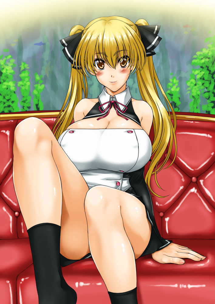 kamia (not found), matsuoka kiyone, mian (dream c club), dream c club, dream c club (series), original, bad id, bad pixiv id, 1girl, bare shoulders, blonde hair, blush, breasts, cosplay, couch, female focus, huge breasts, mian (dream c club) (cosplay), sitting, solo, twintails