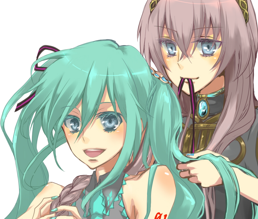 mitsu (pixiv803777), mitsu (ssz999), hatsune miku, megurine luka, vocaloid, bad id, bad pixiv id, 2girls, aqua eyes, aqua hair, aqua nails, blue eyes, blue nails, braid, long hair, mouth hold, multiple girls, nail polish, necktie, pink hair, simple background, smile, twintails