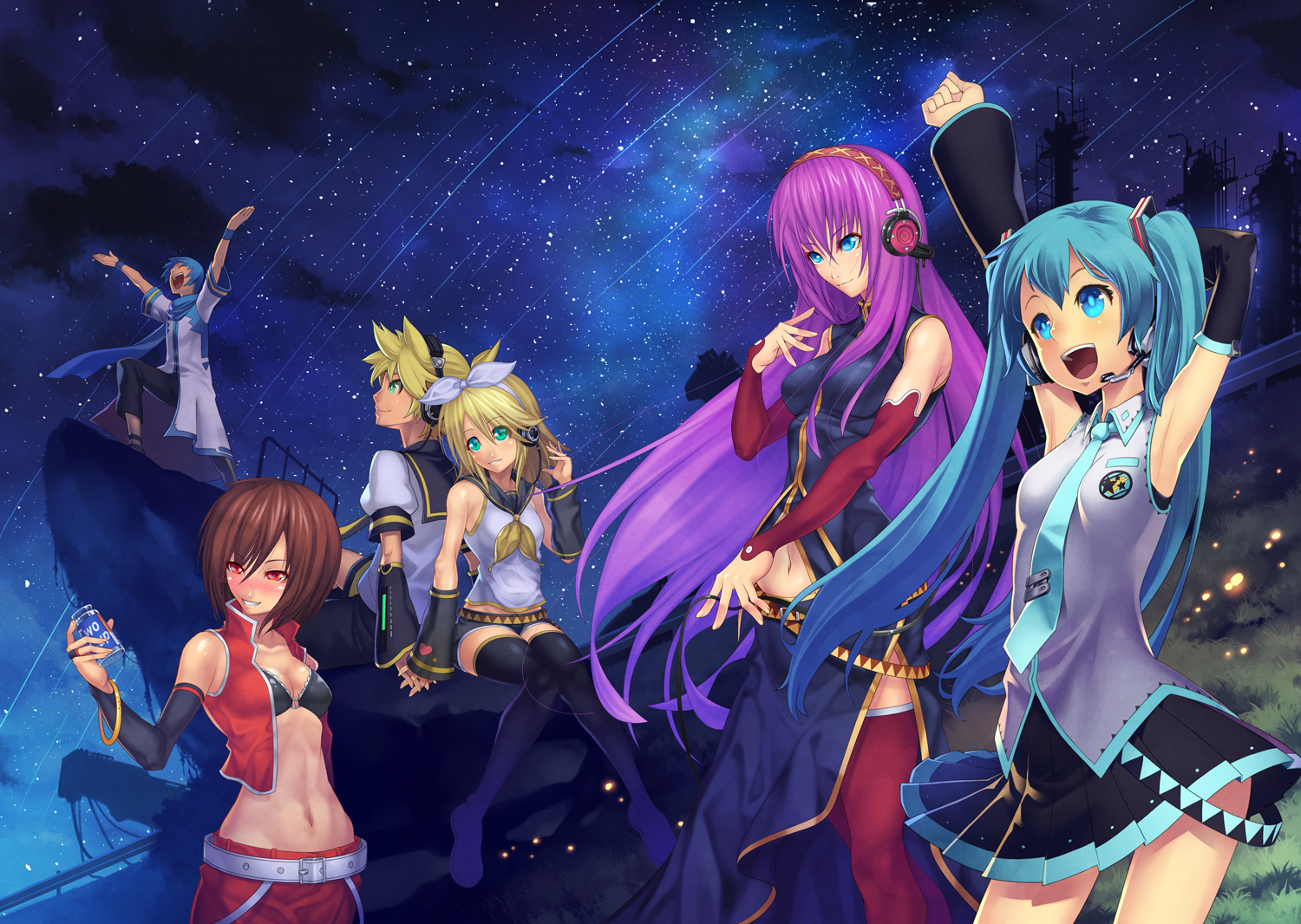 kunieda, hatsune miku, kagamine len, kagamine rin, kaito (vocaloid), megurine luka, meiko (vocaloid), vocaloid, 2boys, 4girls, aqua hair, back-to-back, bikini, bikini top only, blonde hair, blue eyes, blue hair, blue scarf, brown hair, green eyes, heart, long hair, multiple boys, multiple girls, open mouth, purple hair, red eyes, scarf, siblings, sitting, star (sky), star (symbol), swimsuit, thighhighs, zettai ryouiki